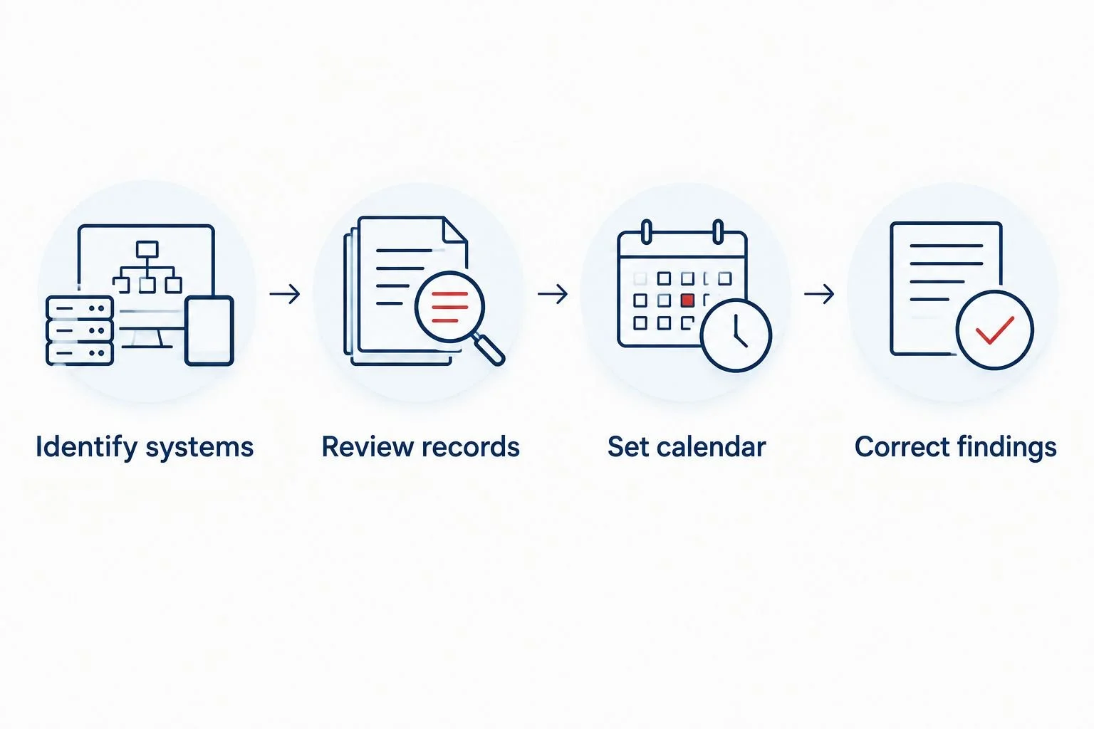 Four-step process for identifying sprinkler systems, reviewing records, scheduling tests, and correcting findings