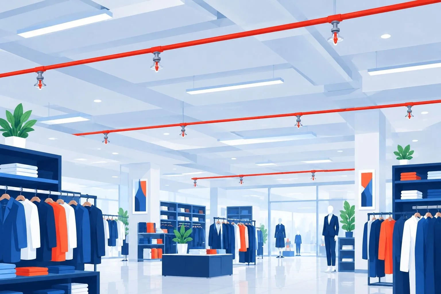 Sprinkler heads installed above retail sales floor racks and shelving