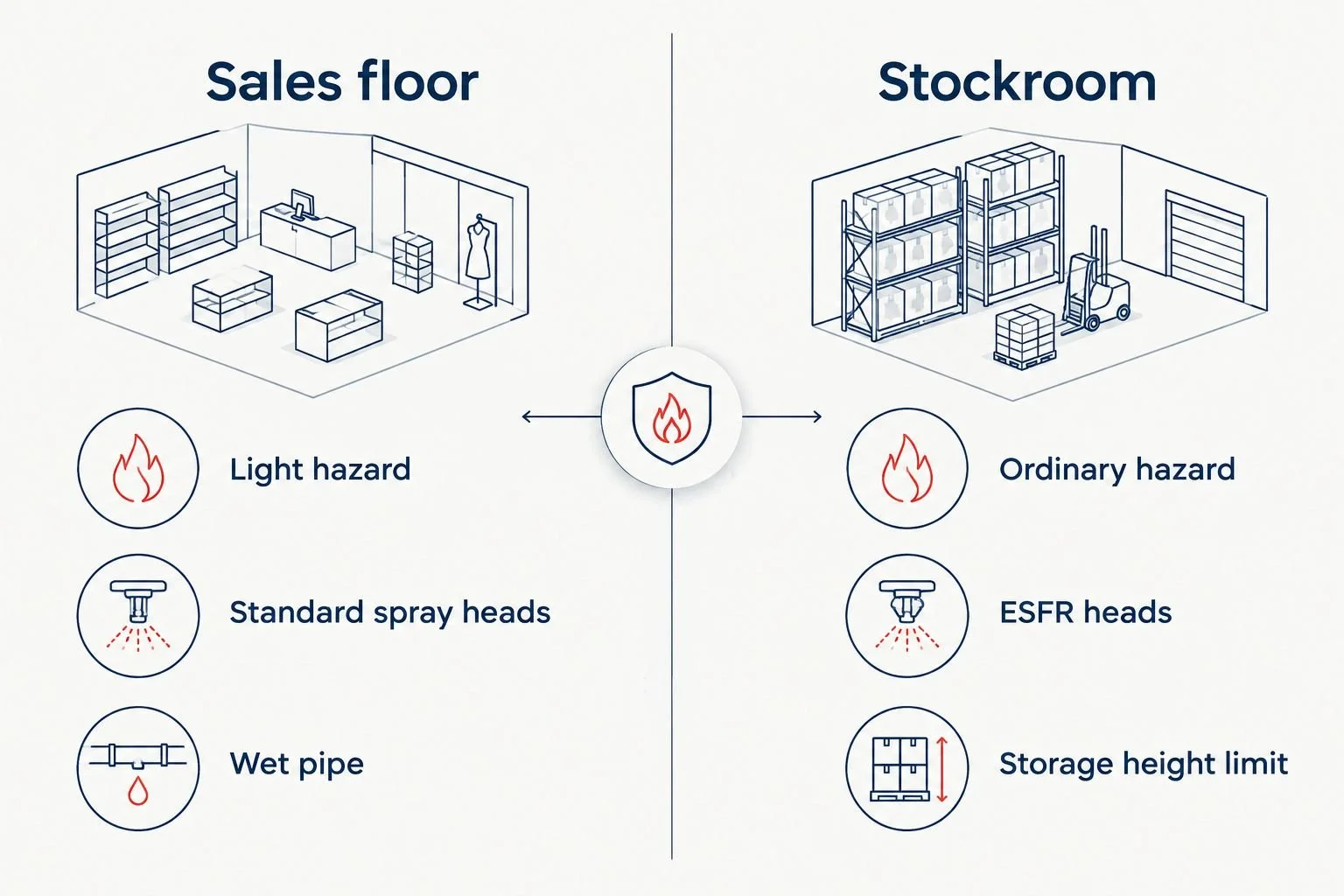 Two column comparison of sales floor versus stockroom sprinkler requirements