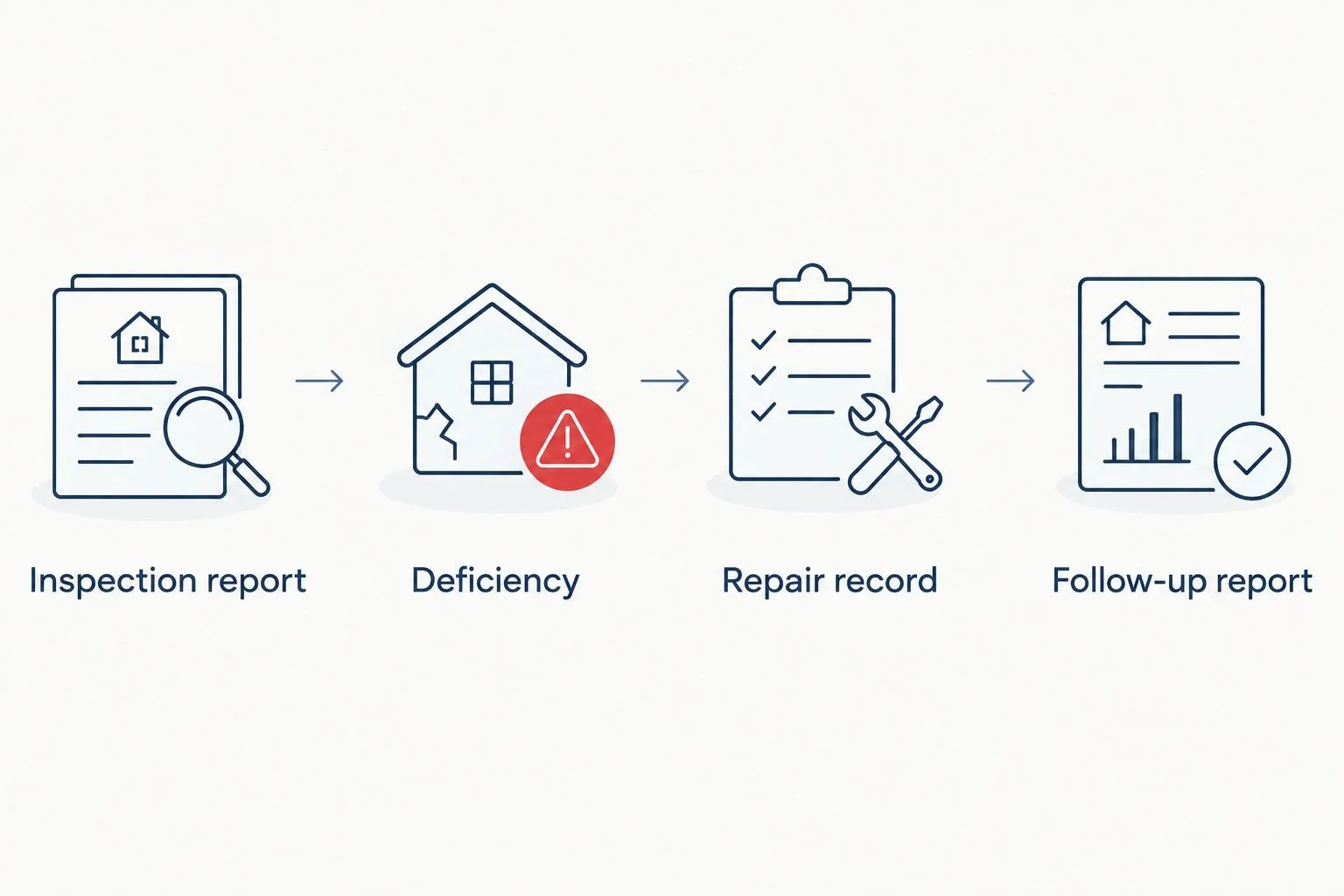 Sequence matching a sprinkler inspection report and deficiency to repair and follow-up records