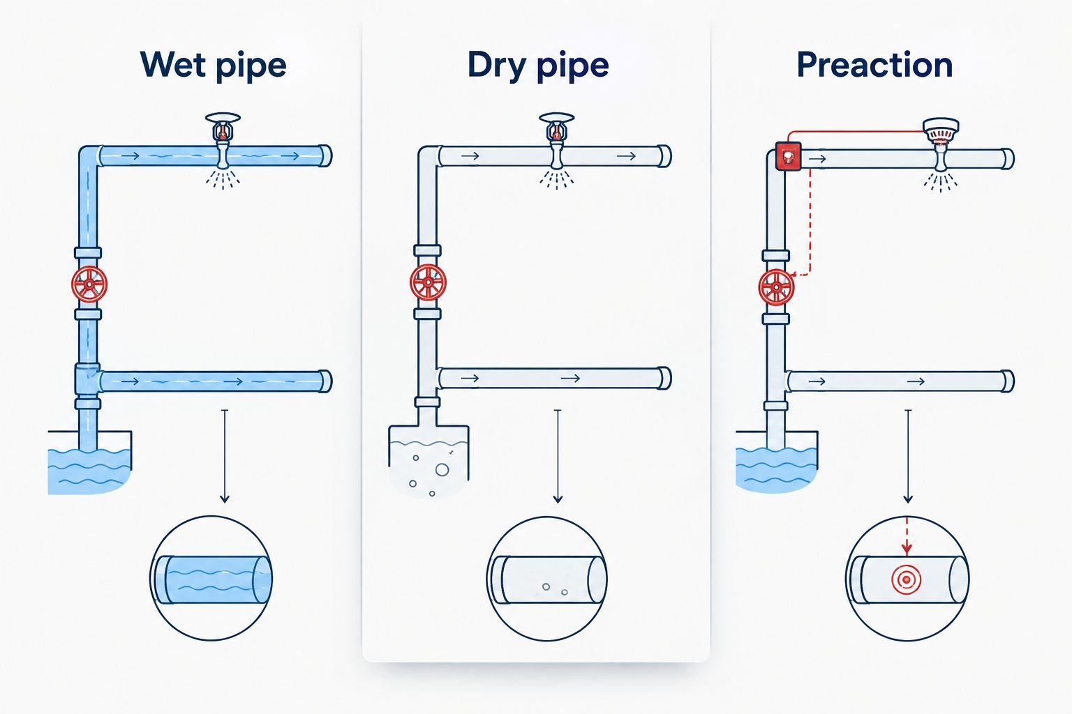 Comparison of wet-pipe, dry-pipe, and preaction fire sprinkler system arrangements