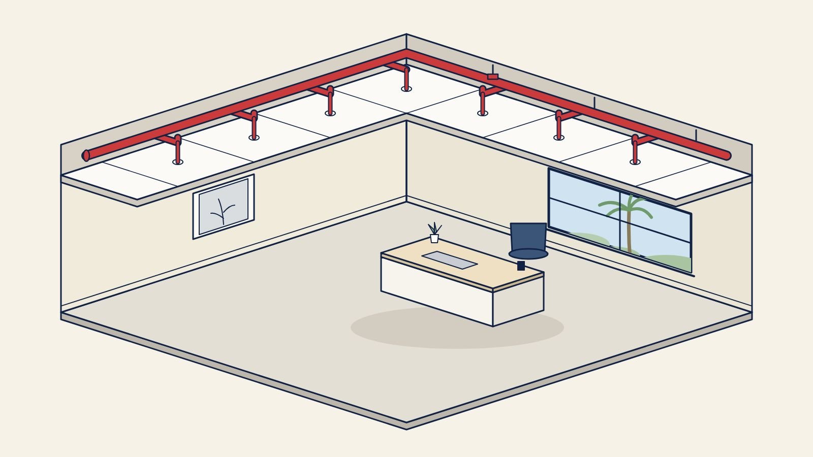 Fire sprinkler retrofit piping above a drop ceiling