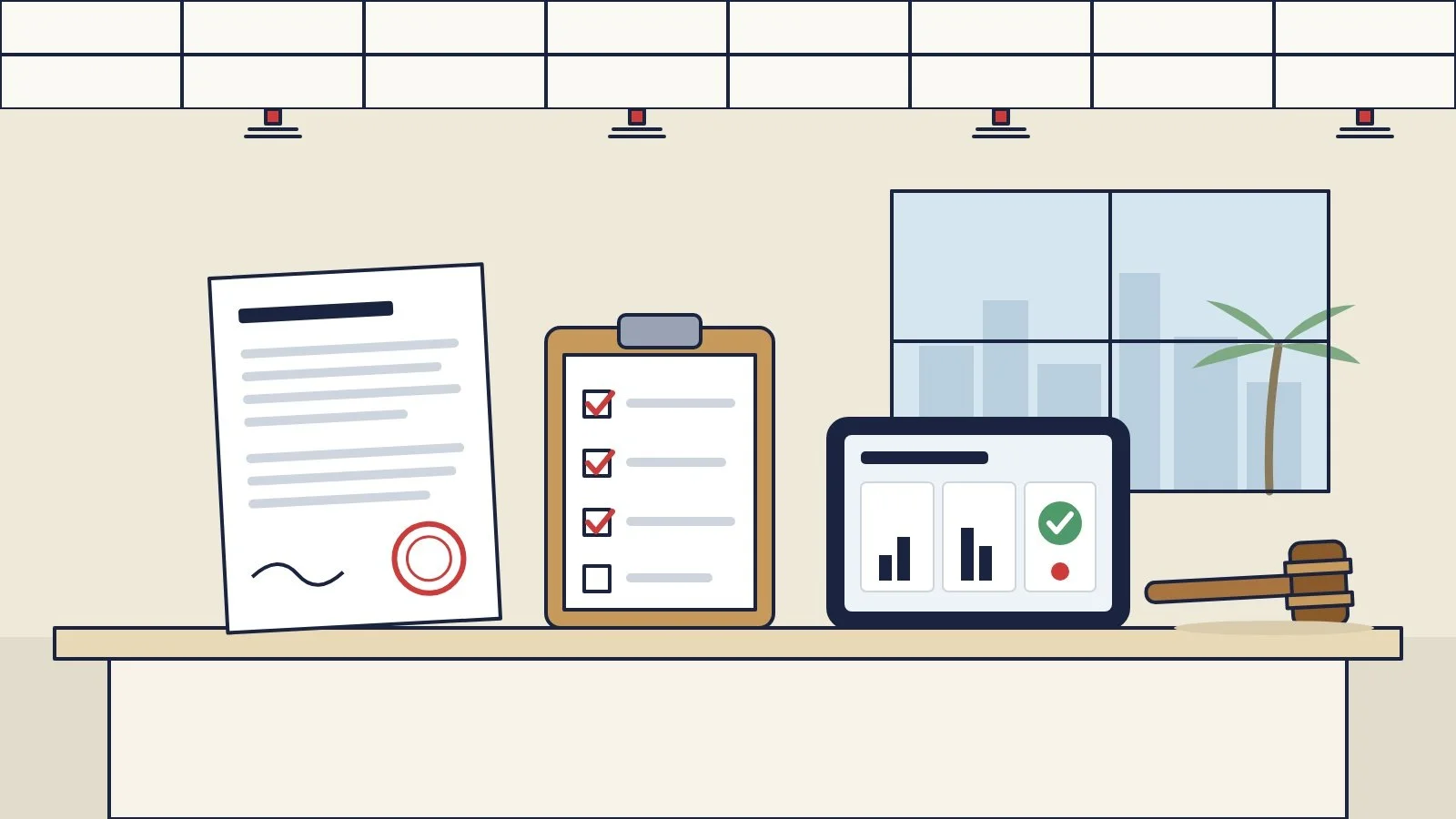 Fire code compliance documents, inspection checklist and gavel on a property manager’s desk