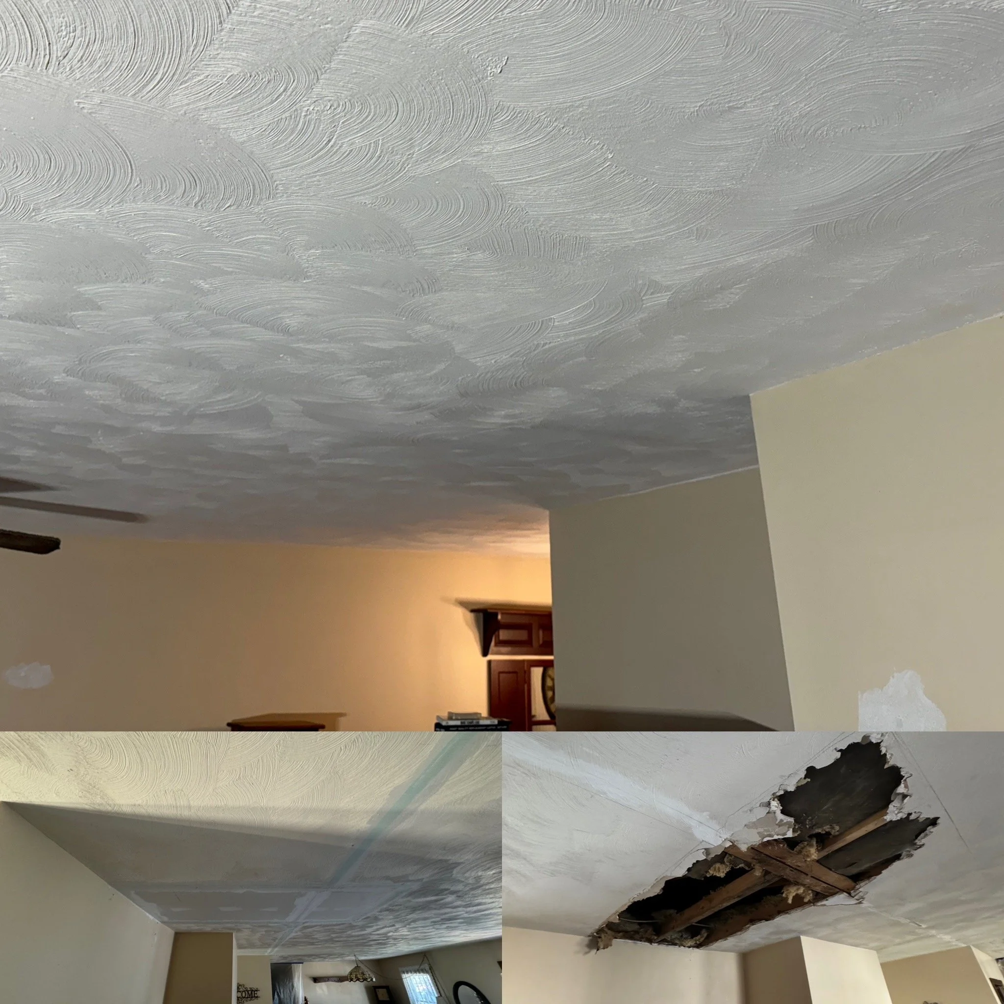 Interior water damage. Drywall repair, texturing, and painting
