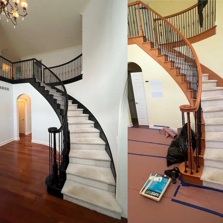 Curved staircase before and after painting