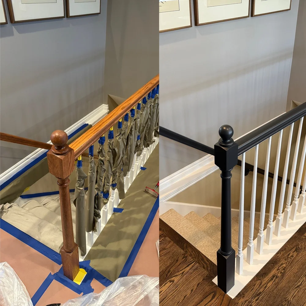 Stair railing before and after refinishing from the QOQ project gallery