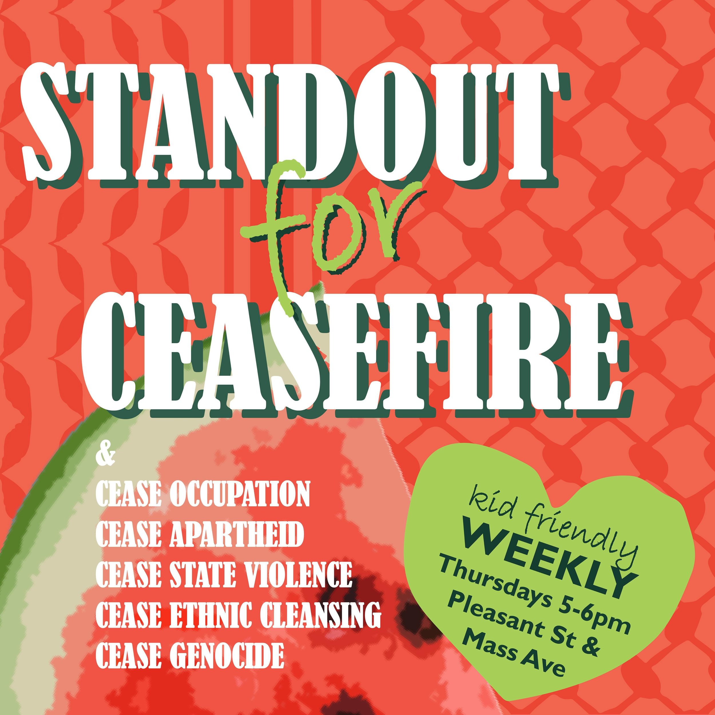 Join us for our weekly stand-outs, Thursdays from 5-6pm at the corner of Pleasant Street and Mass Ave in Lexington. Kid-friendly at all times; please keep signs and conversations rooted in love, community support, and appropriate for all ages. 🍉🗝️❤