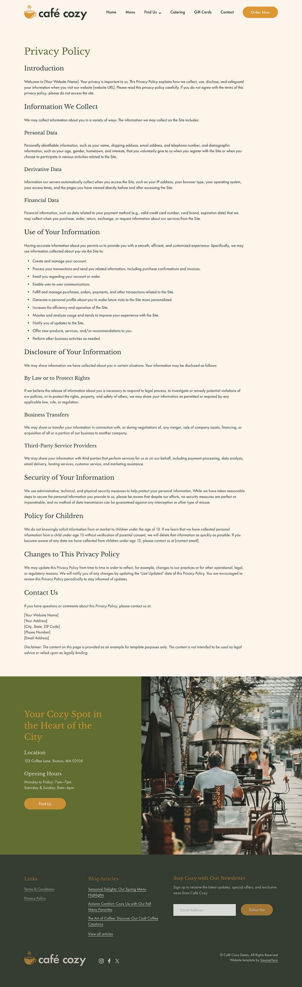 afé Cozy template privacy policy page preview - Clean, professional legal content layout by SquareHero