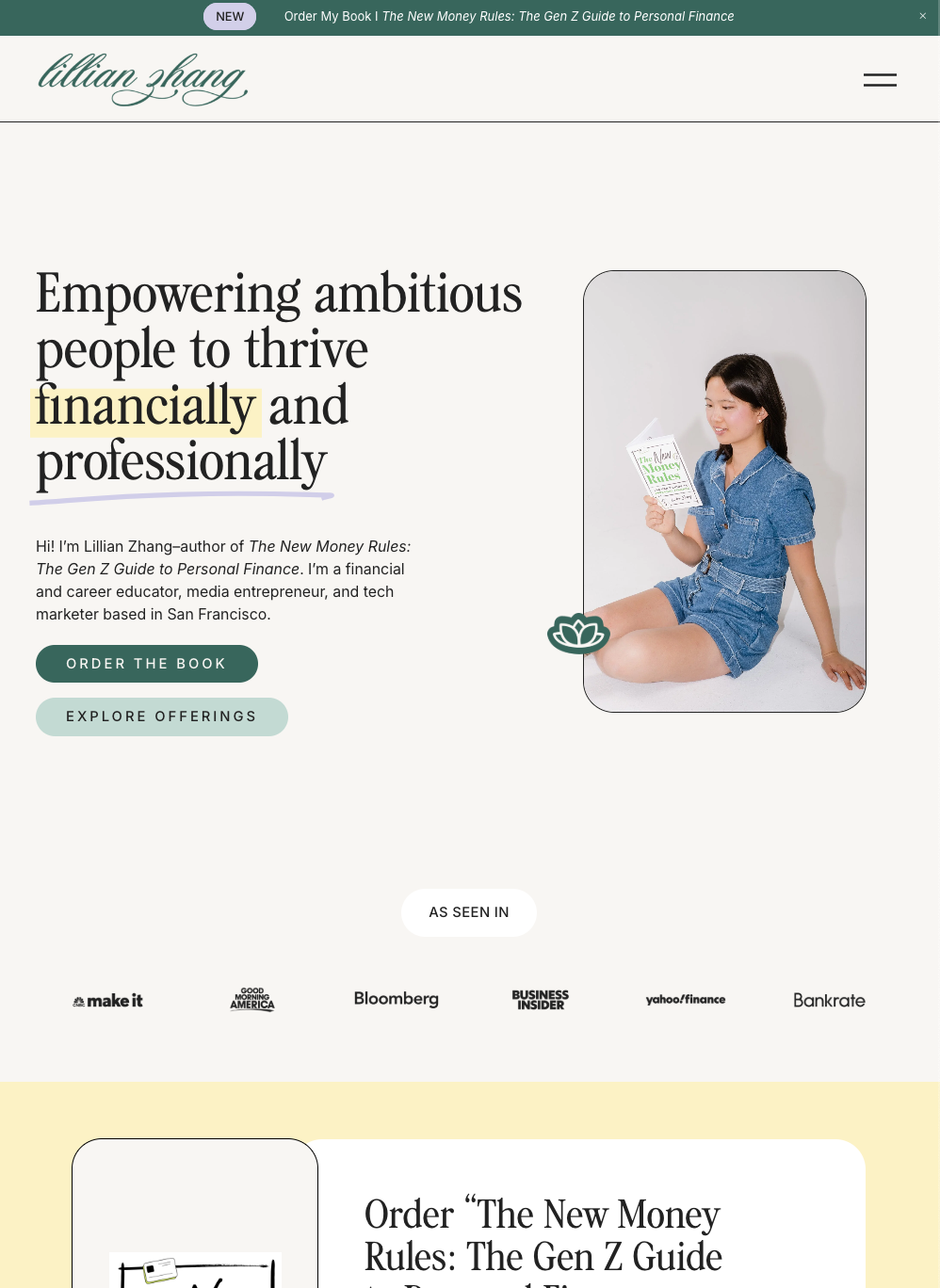 Website homepage for Lillian Zhang promoting her book "The New Money Rules: The Gen Z Guide to Personal Finance." Features a photo of a young woman sitting on the floor, reading the book, with buttons to order the book and explore offerings.