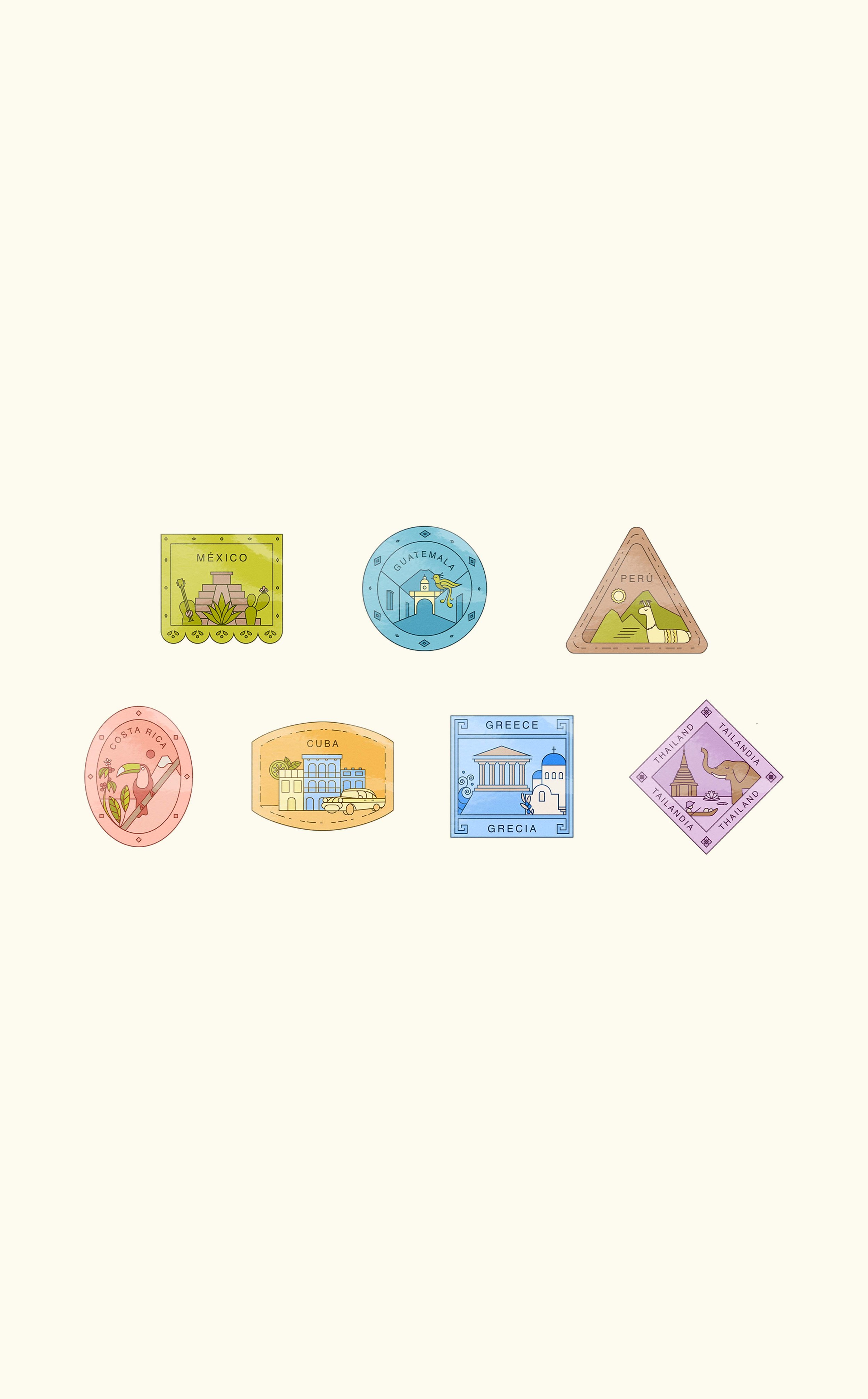Collection of colorful souvenir badges representing Mexico, Guatemala, Peru, Costa Rica, Cuba, Greece, and Thailand with iconic symbols and landmarks.
