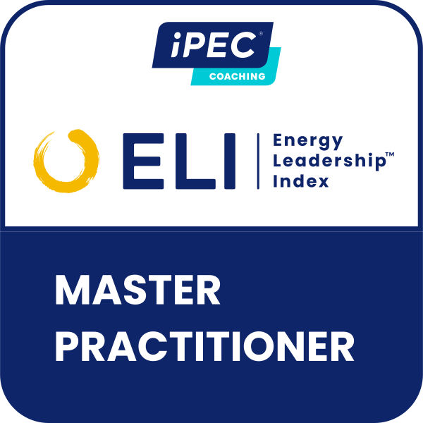 Badge or certificate with the logos of iPEC Coaching and ELI Energy Leadership Index, indicating the person is a Master Practitioner.