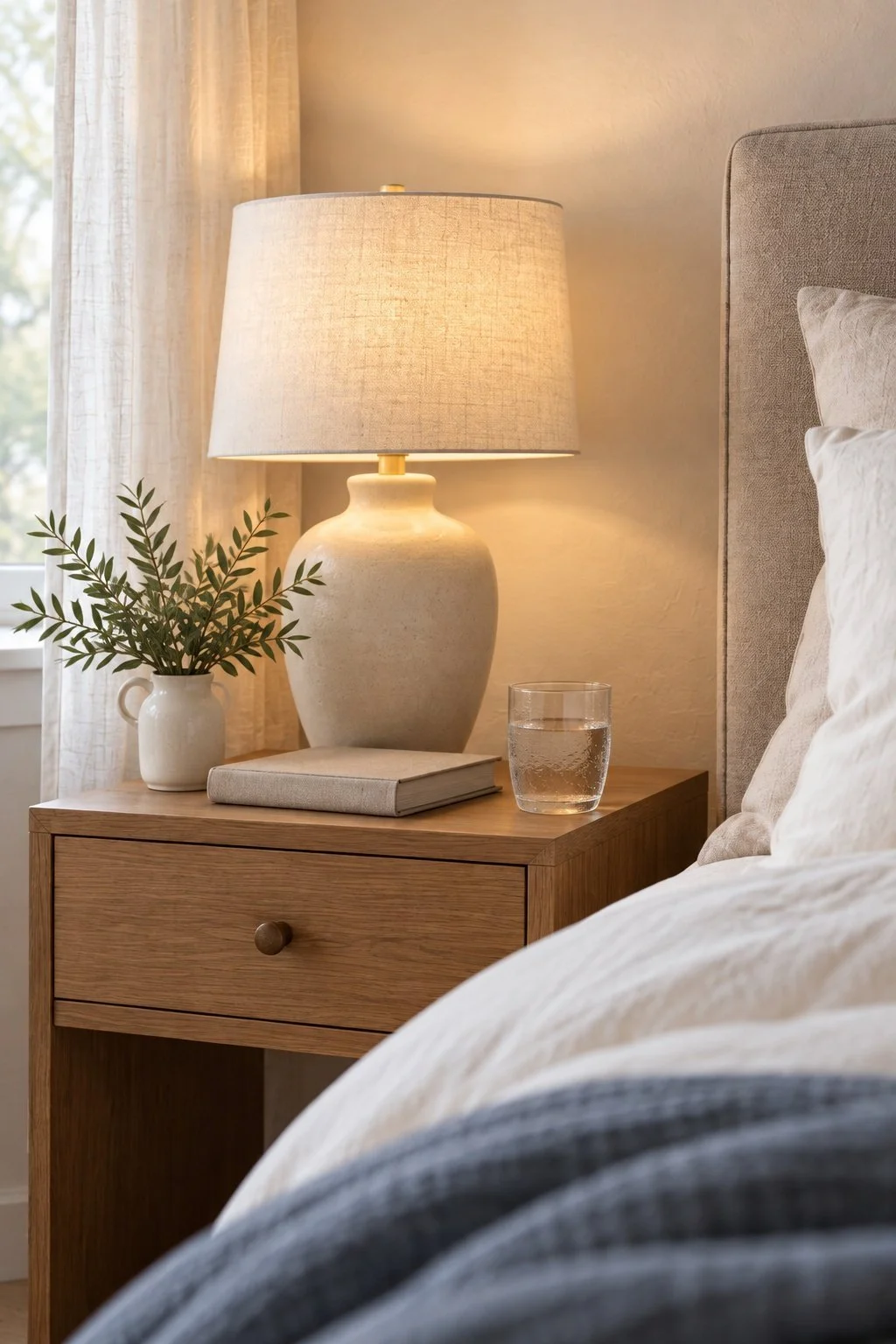 A bedside lamp beside a bed with a blue throw
