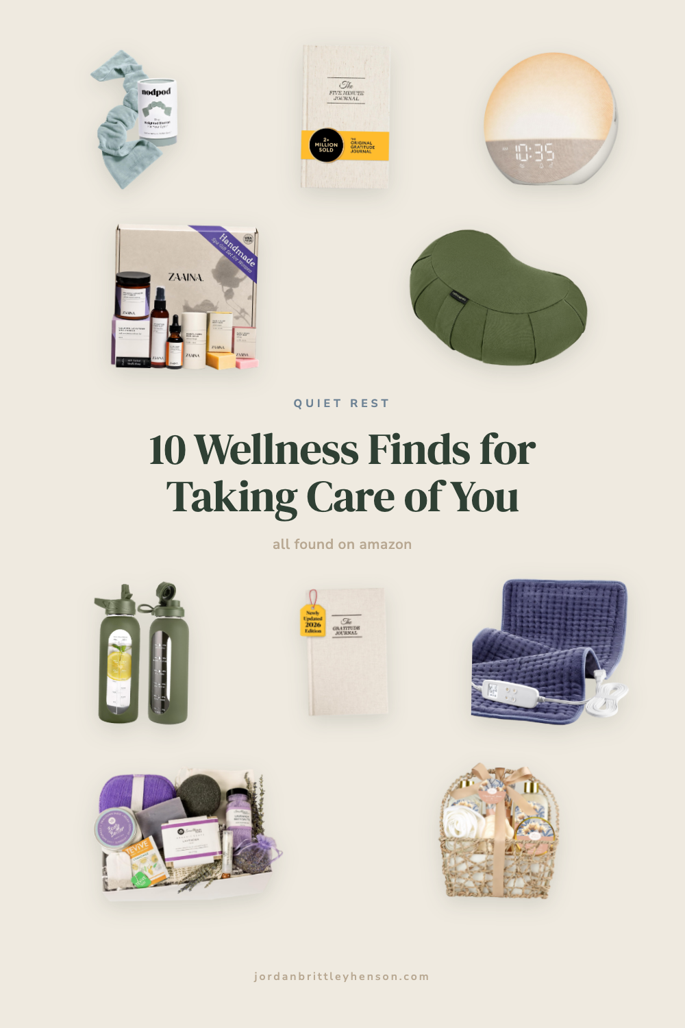 Collage of ten Amazon wellness finds for moms, including a weighted eye pillow, gratitude journals, a sunrise alarm clock, a lavender spa set, a meditation cushion, glass water bottles, a heating pad, and bath gift baskets, titled 10 Wellness Finds f