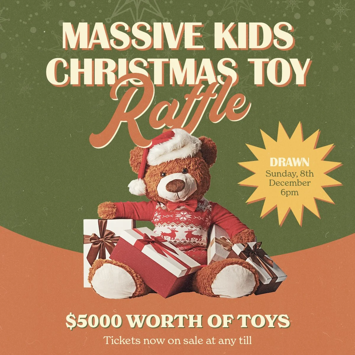 The ultimate Christmas Toy Raffle is here! 🎅
$5000 in toys waiting to make some kids&rsquo; holiday extra special. Tickets are available at any till. Join us for the draw on Sunday, 8th December at 6PM. 🌞