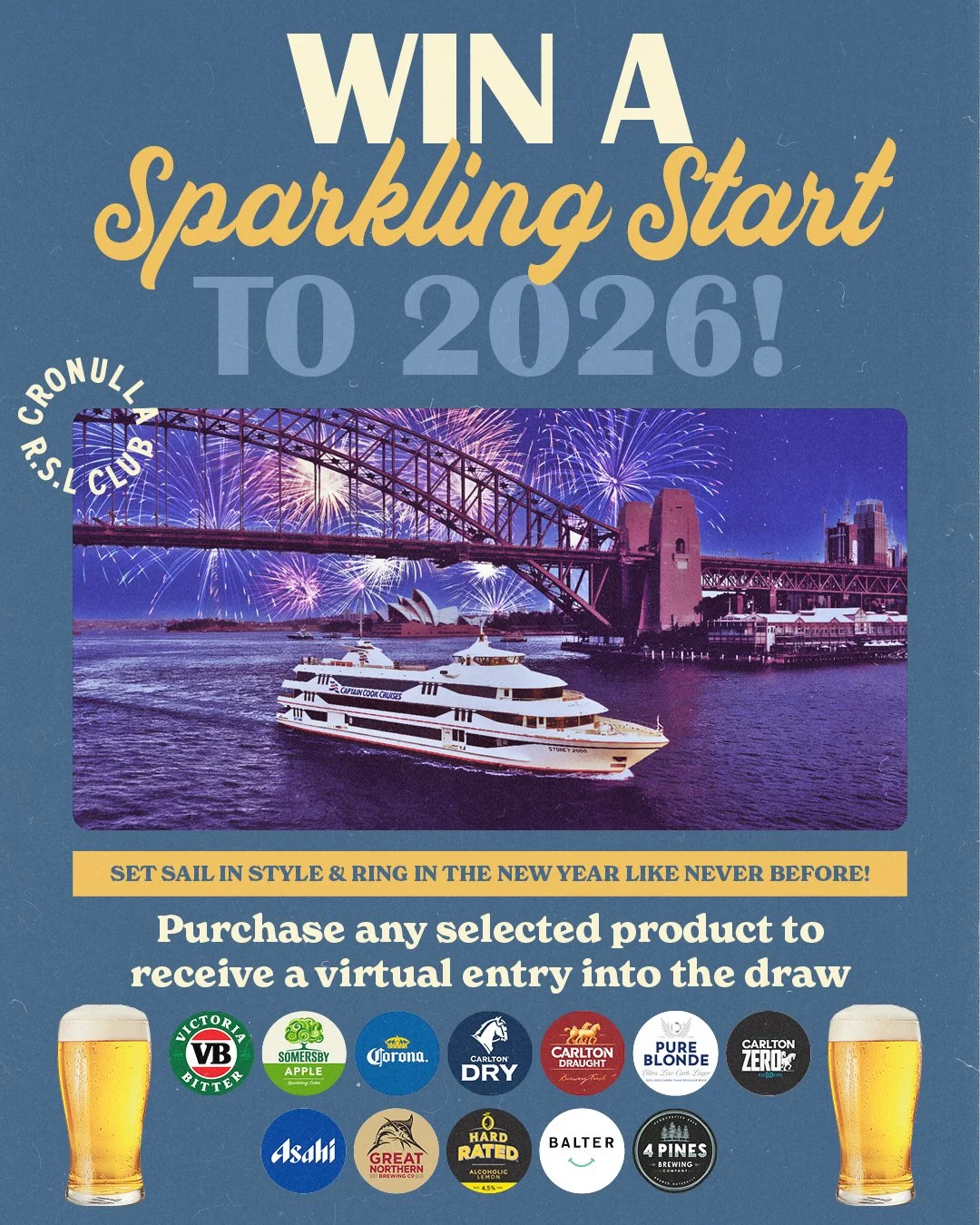 Sparkle and sail into 2025 🥂
Buy any schooner from the selected range for your chance to win 2 all-inclusive NYE 2025 cruise tickets.
Set sail in style 🚢
Grab yours at the bar.