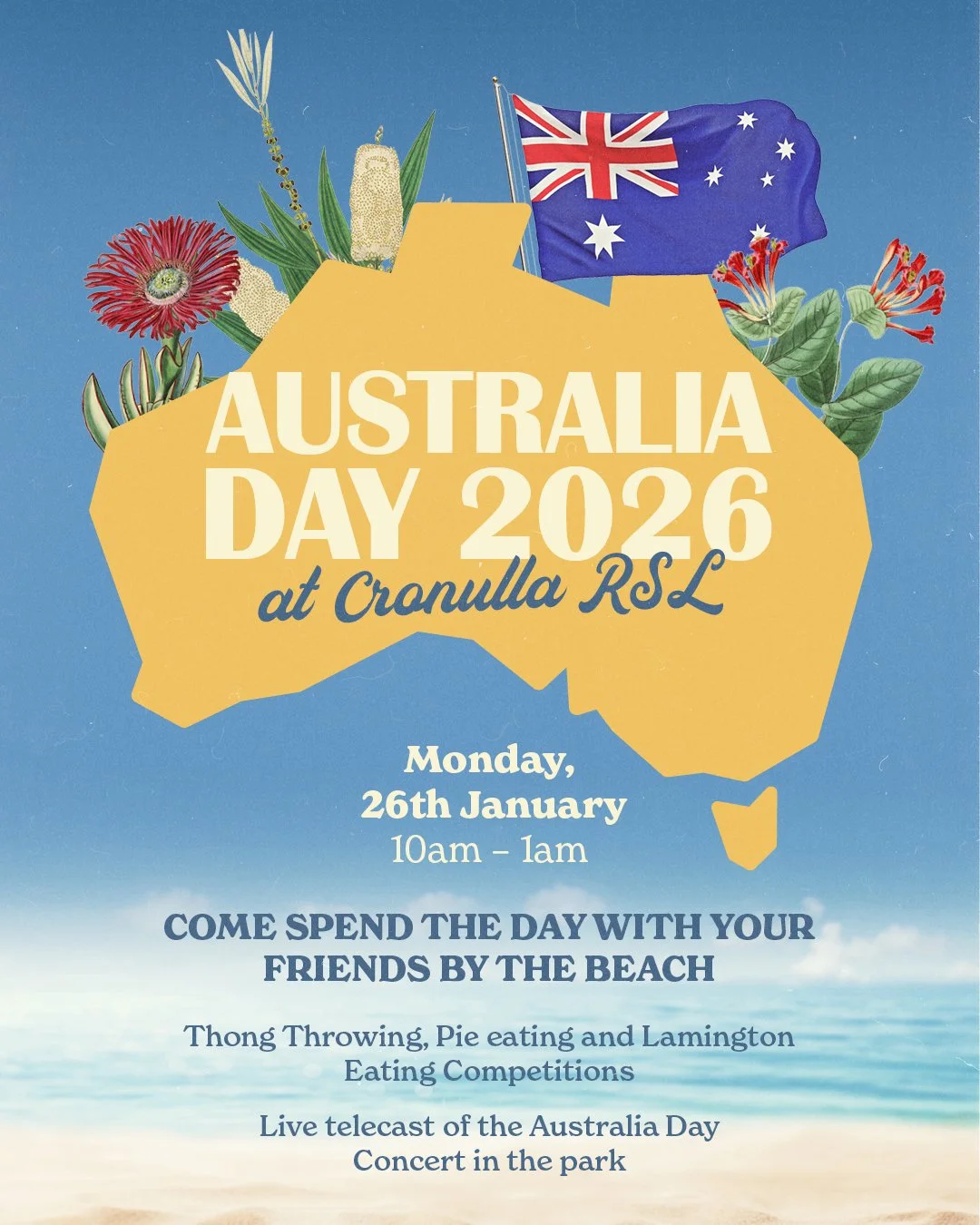 Australia Day by the beach 🌞
Join us on Monday 26 January from 10am&ndash;1am for a full day of mates, laughs and classic Aussie fun.
Thong throwing, pie eating, lamington comps and the live telecast of the Australia Day Concert in the Park.
See you