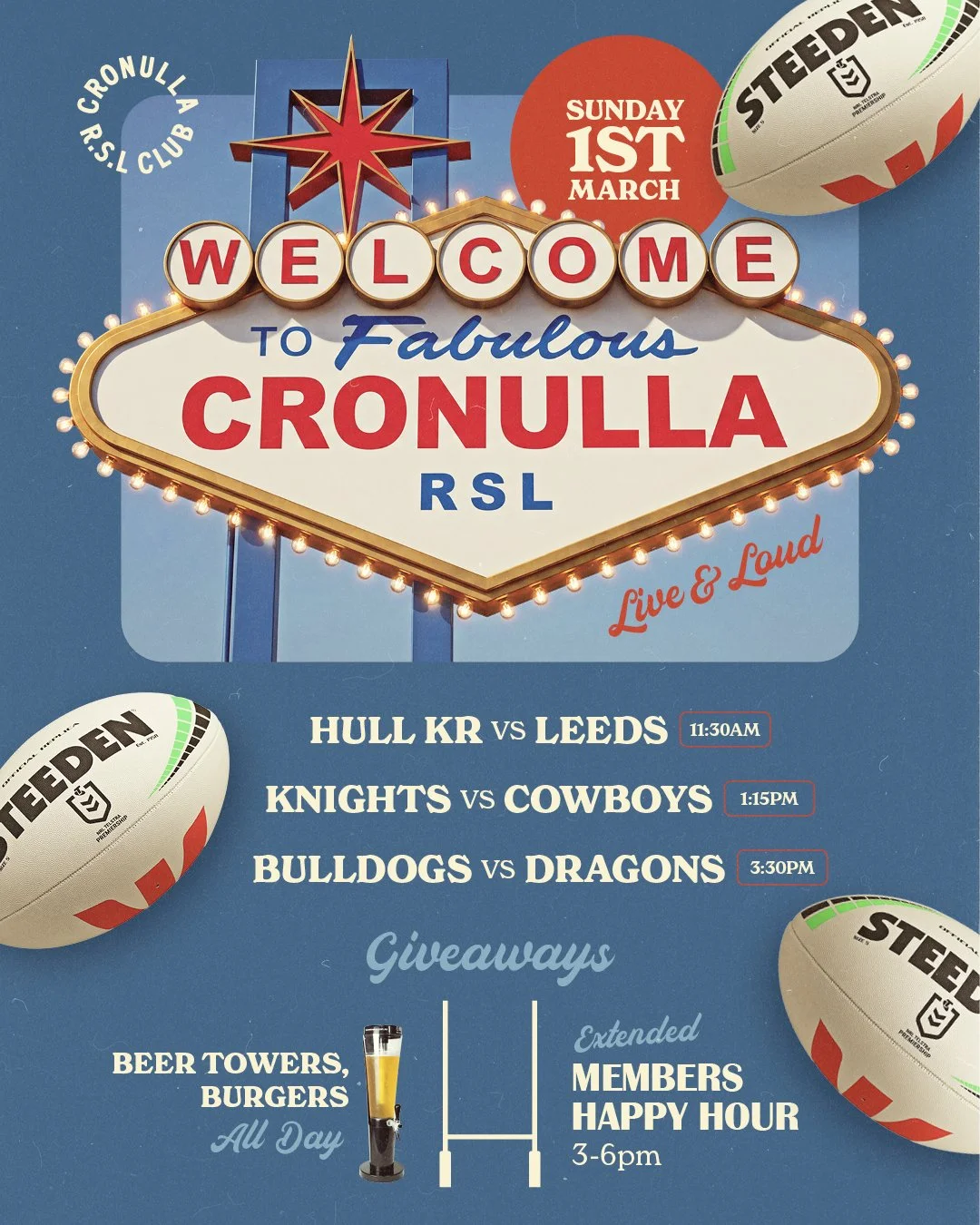 Quick PSA: Vegas Round is live at Cronulla RSL 🏉 

Watch every game on March 1 - big screens, beer towers, burgers &amp; giveaways all day.