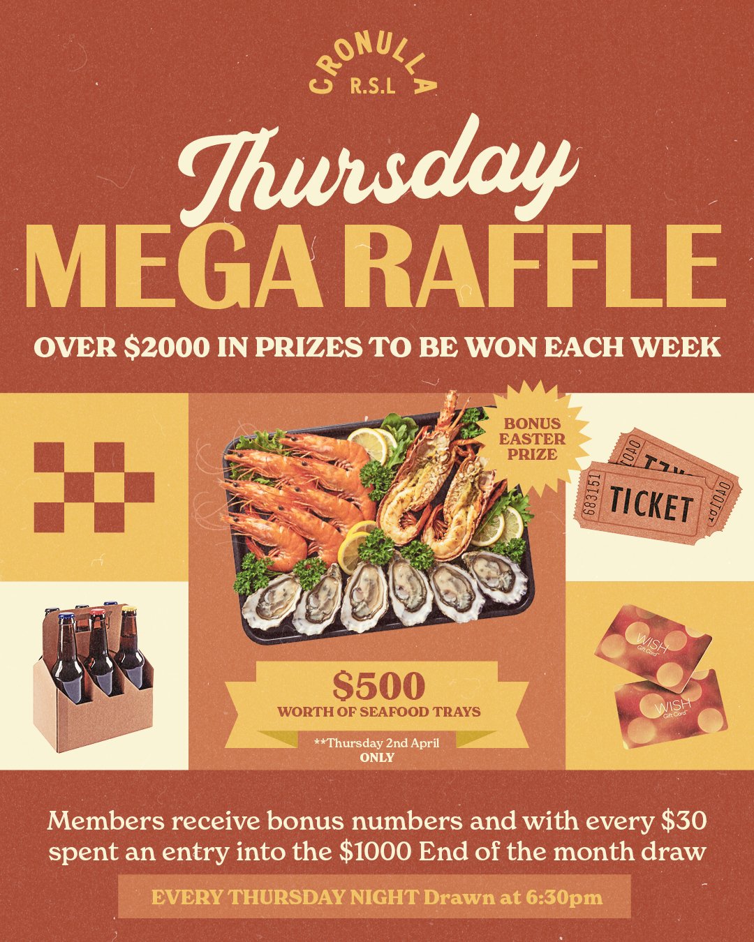 🚨 PSA: Thursday Raffle just got a serious upgrade!

We&rsquo;re adding $500 worth of Seafood Trays to our Thursday Mega Raffle.

Thursday 4 April from 6:30pm - Just in time to sort your long weekend feast before Good Friday.