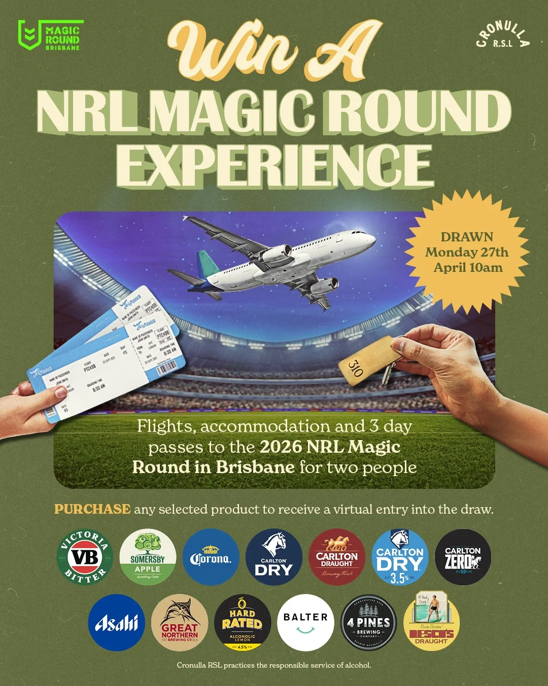 We&rsquo;re sending two legends to Brisbane for Magic Round! 🙌🏉
Flights, accommodation and 3-day passes - all covered.

Simply grab any of the selected beverages and receive a virtual entry
Drawn Monday 27 April at 10am.

Grab a bevvy at Cronulla R