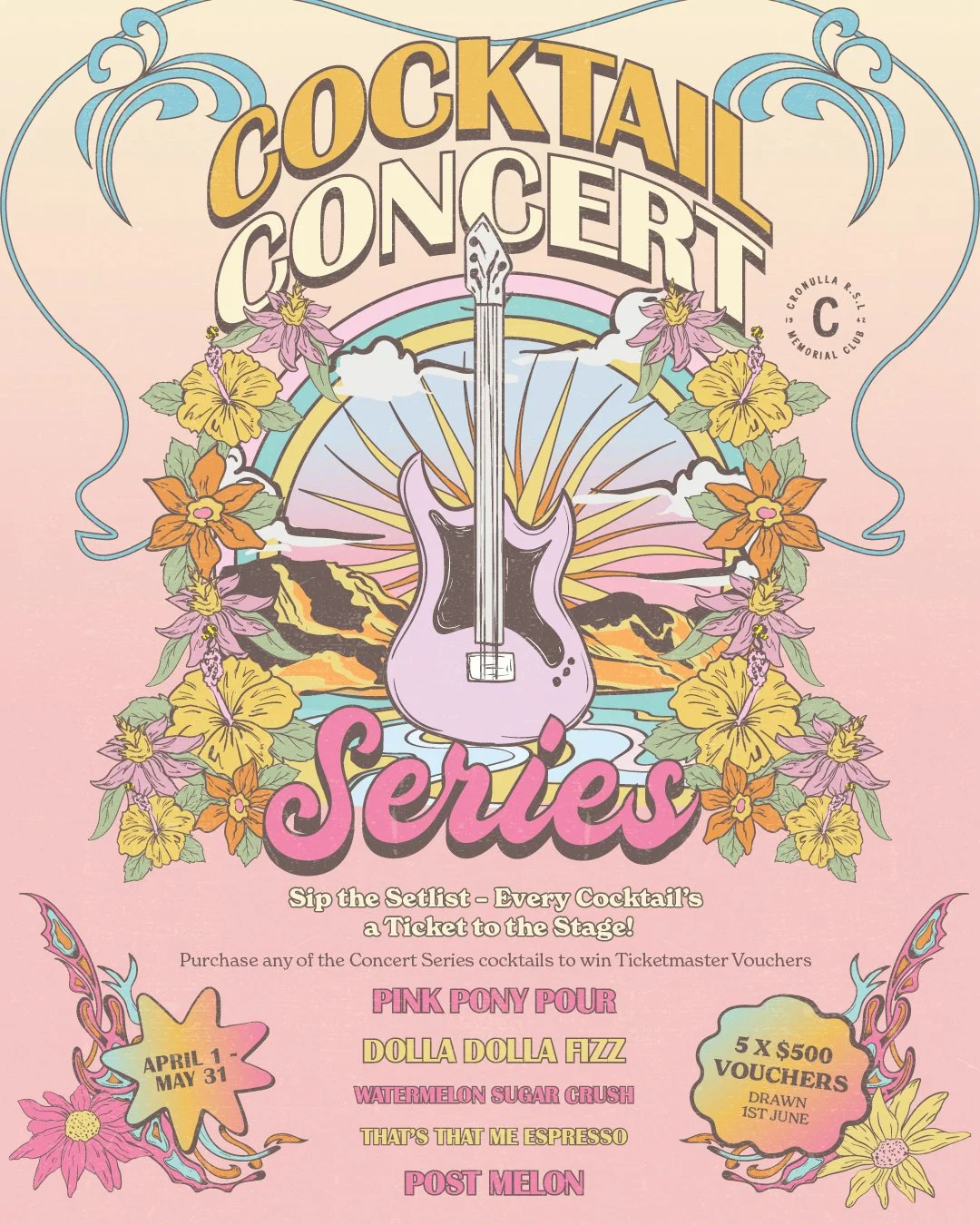 Sip the setlist 🍸🎶

Inspired by iconic artists, made for good times &amp; every sip could land you tickets. 

Order any Concert Series cocktail for your chance to WIN 1 of 5 x $500 Ticketmaster vouchers.

Offer runs now until May 31. Drawn June 1