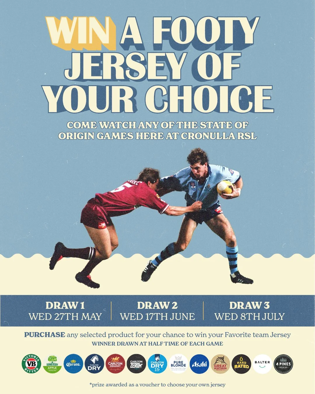 Win a footy jersey of your choice at Cronulla RSL 🏉🔥

Catch every State of Origin game live &amp; loud, grab a selected drink &amp; go in the draw to WIN.

Drawn at halftime each game.