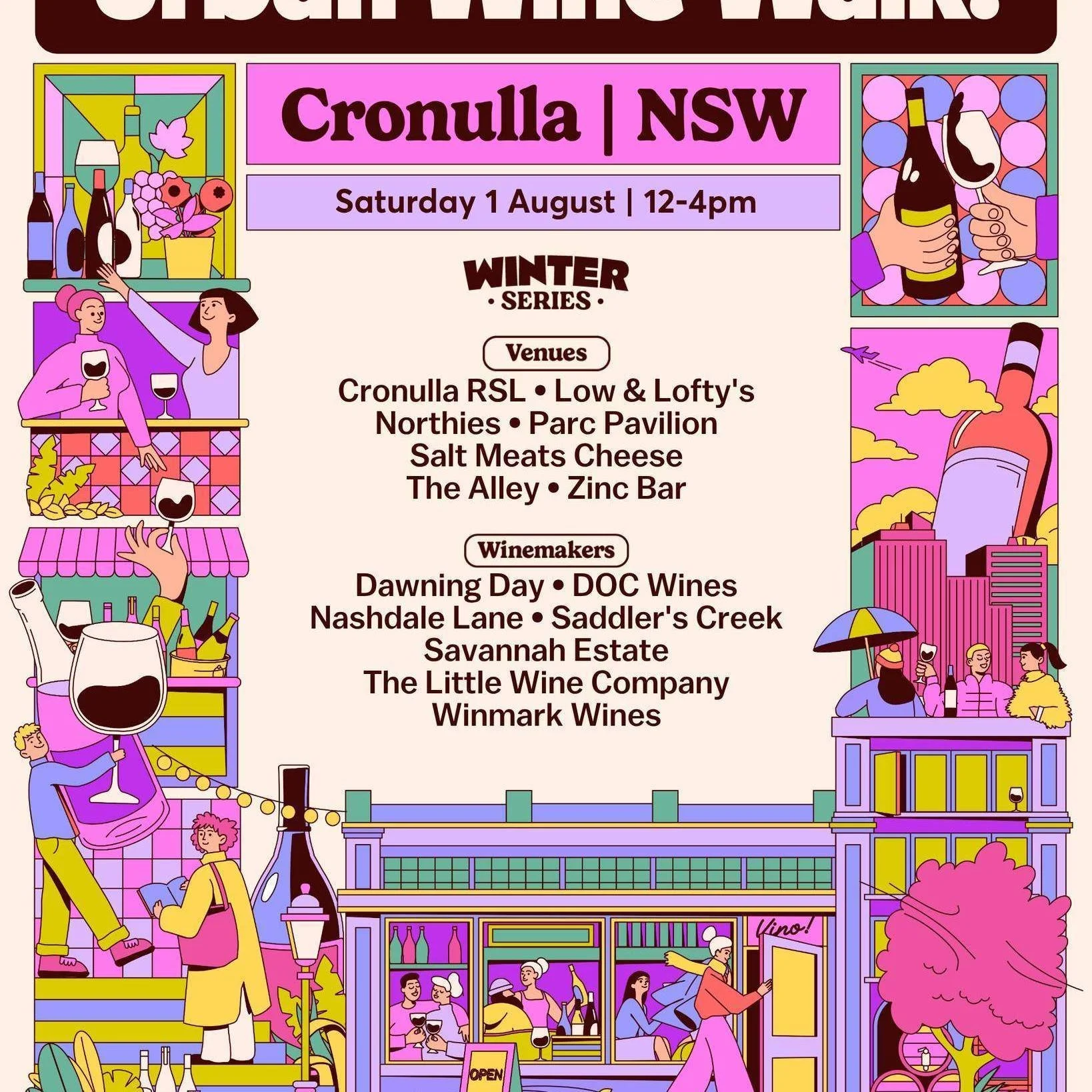 🍷 CRONULLA, ARE YOU READY? 🍷

The Urban Wine Walk is back and your perfect Saturday plans have arrived!
Join 300+ wine lovers for an afternoon of sipping, strolling and discovering some of Cronulla's best venues, all while tasting incredible wines 