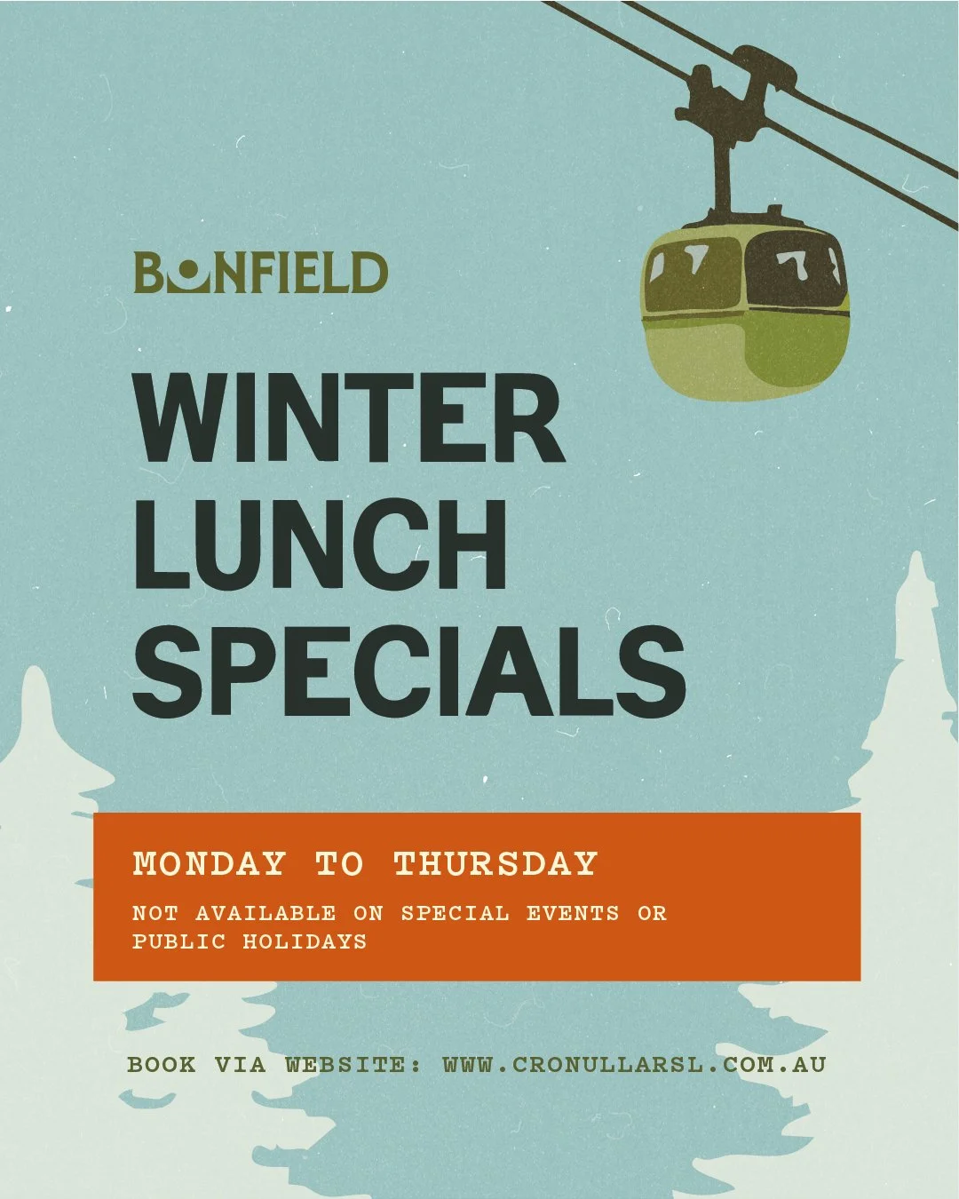 Cosy up with our Winter Lunch Specials at Bonfield. ❄️ 

Lunch has never looked better.

🍽️ Monday&ndash;Thursday
Available for a limited time at Cronulla RSL.