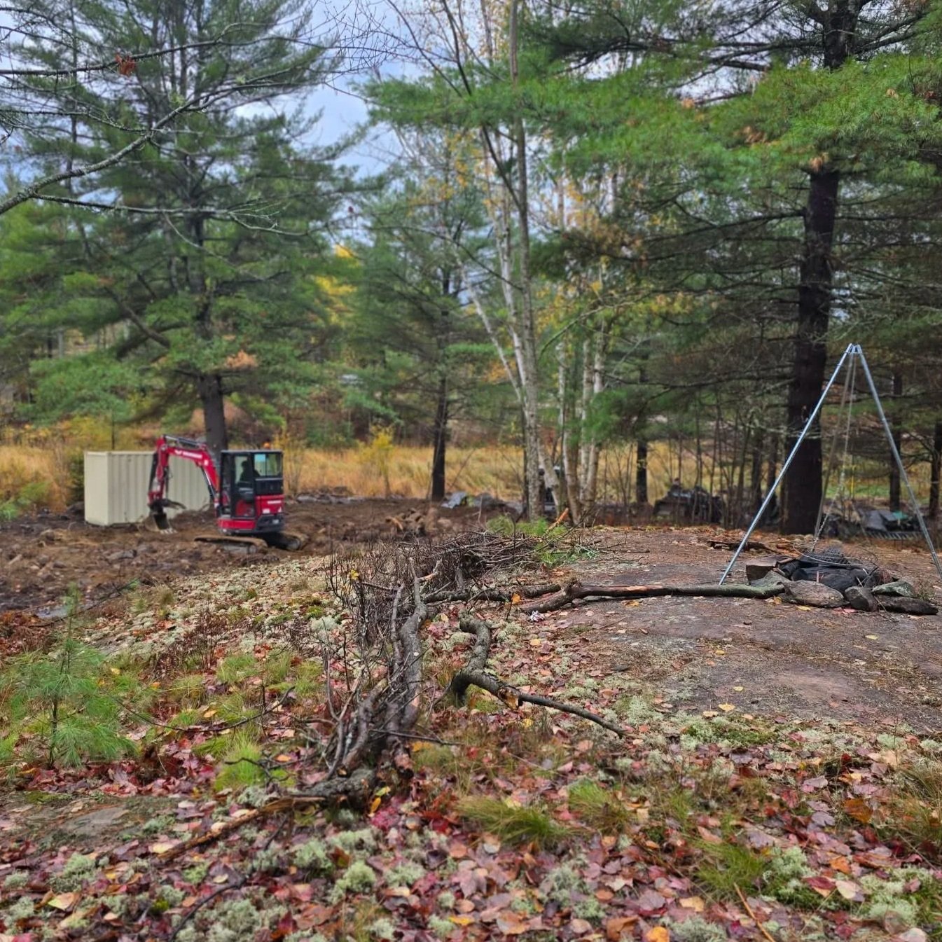 A forested area with a small construction site, a miniature excavator, a storage container, and a tripod for setting up a tent or other equipment.