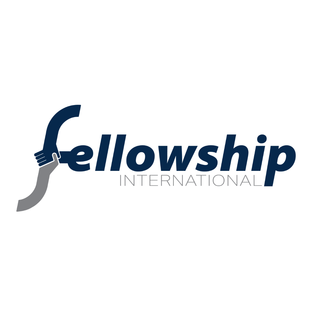 Fellowship International logo featuring a stylized arrow pointing upward and the words 'Fellowship International' in navy blue and gray.