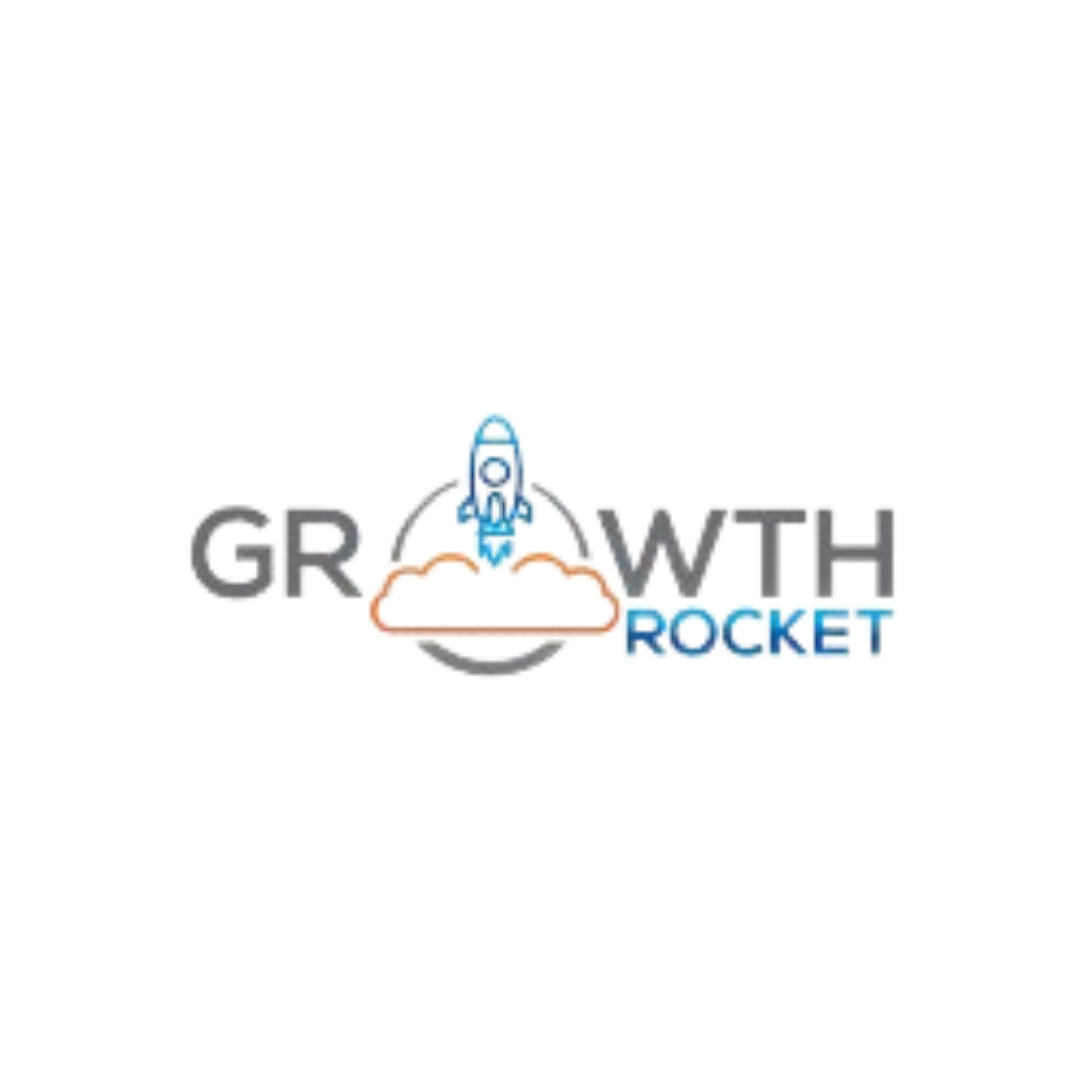 Graphic logo with a rocket launching from a cloud, the words 'Growth with Rocket' in stylized text.