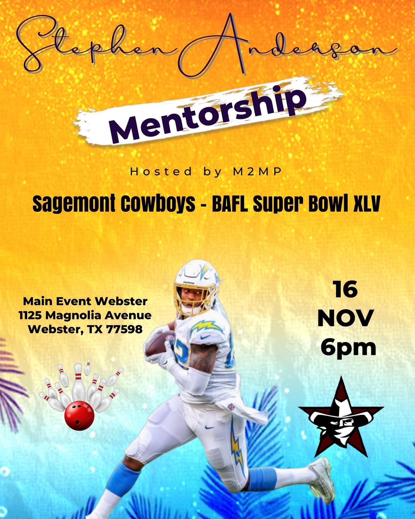 The M2MP is excited to host @s_anderson89 this upcoming Thursday at the Main Event Webster to share his journey of becoming a NFL player with the Sagemont Cowboys Super Bowl Teams!