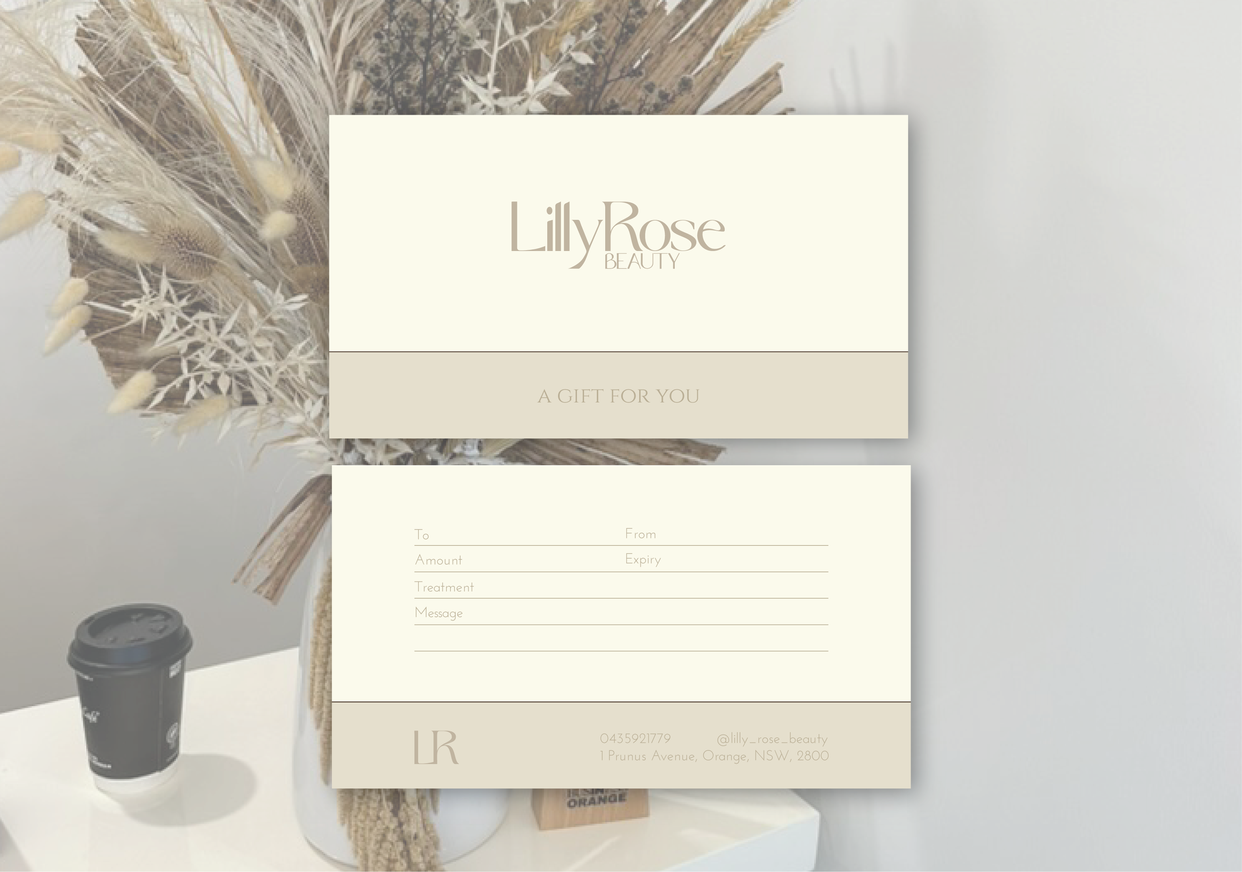 LillyRose Beauty gift certificate with minimal layout, elegant typography and calm, elevated branding.
