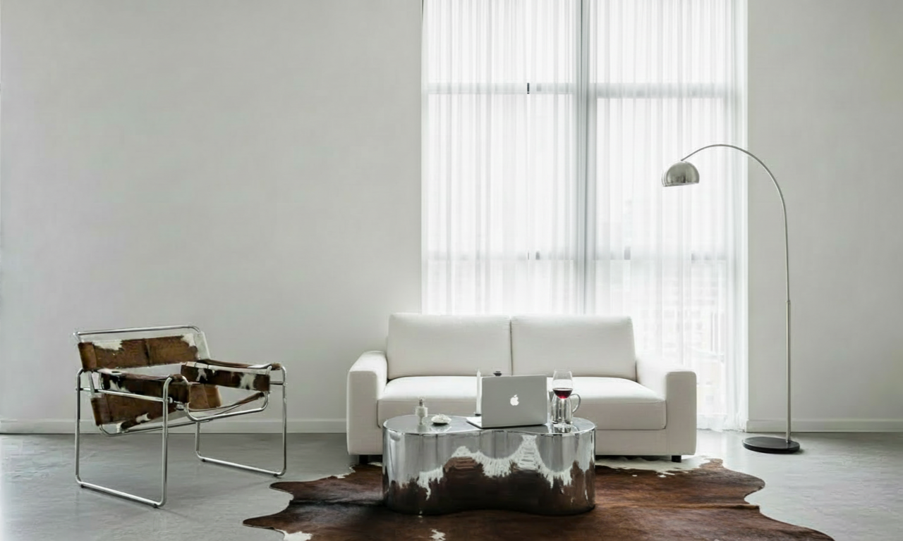 Minimal interior workspace with a laptop on a coffee table in a calm, light-filled environment.