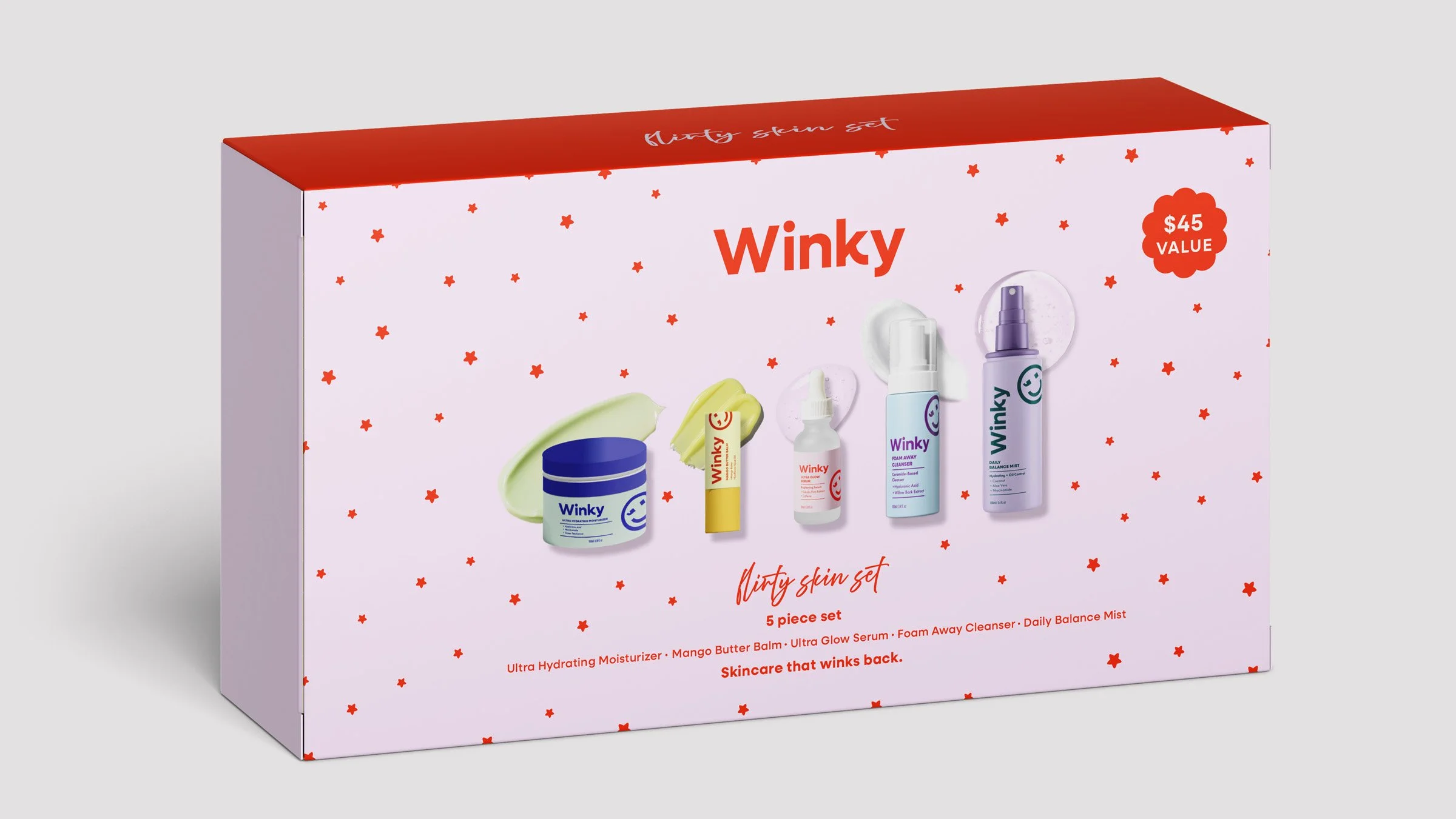 5 piece flirty skin set packaging by winky
