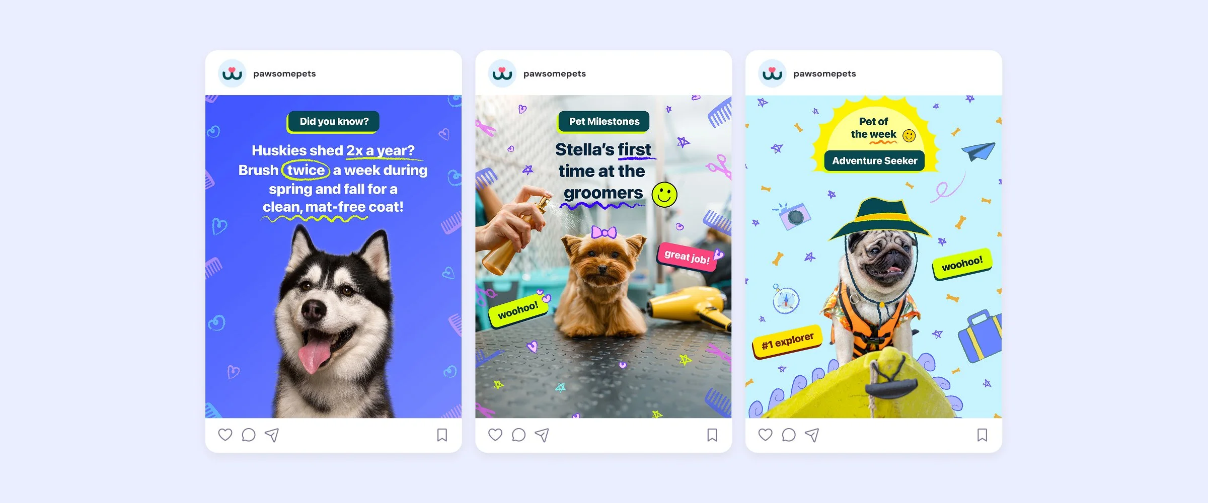 3 instagram posts for brand featuring the topics: did you know, pet milestones. and pet of the week