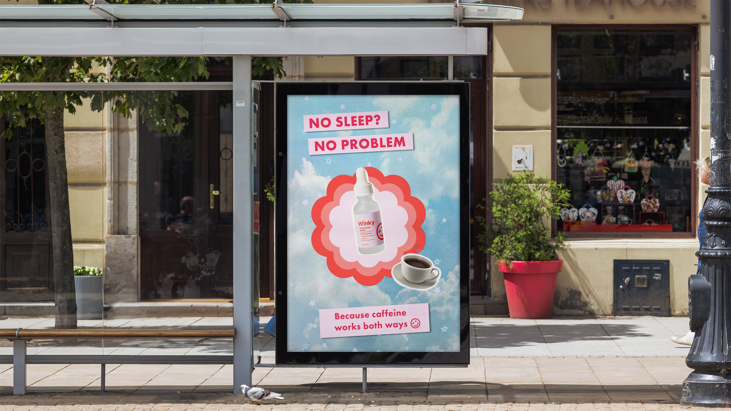 bus stop ad of ultra glow serum next to a cup of coffee that says: no sleep? no problem. because caffeine goes both ways