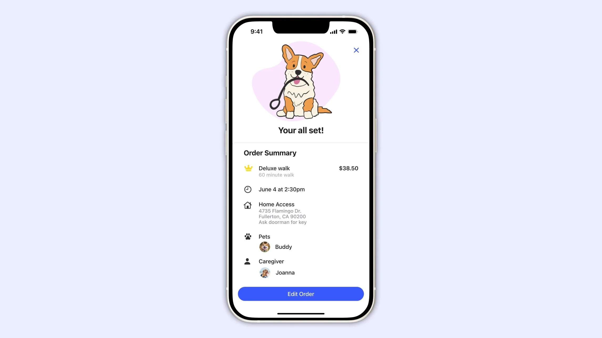 order summary for dog walk