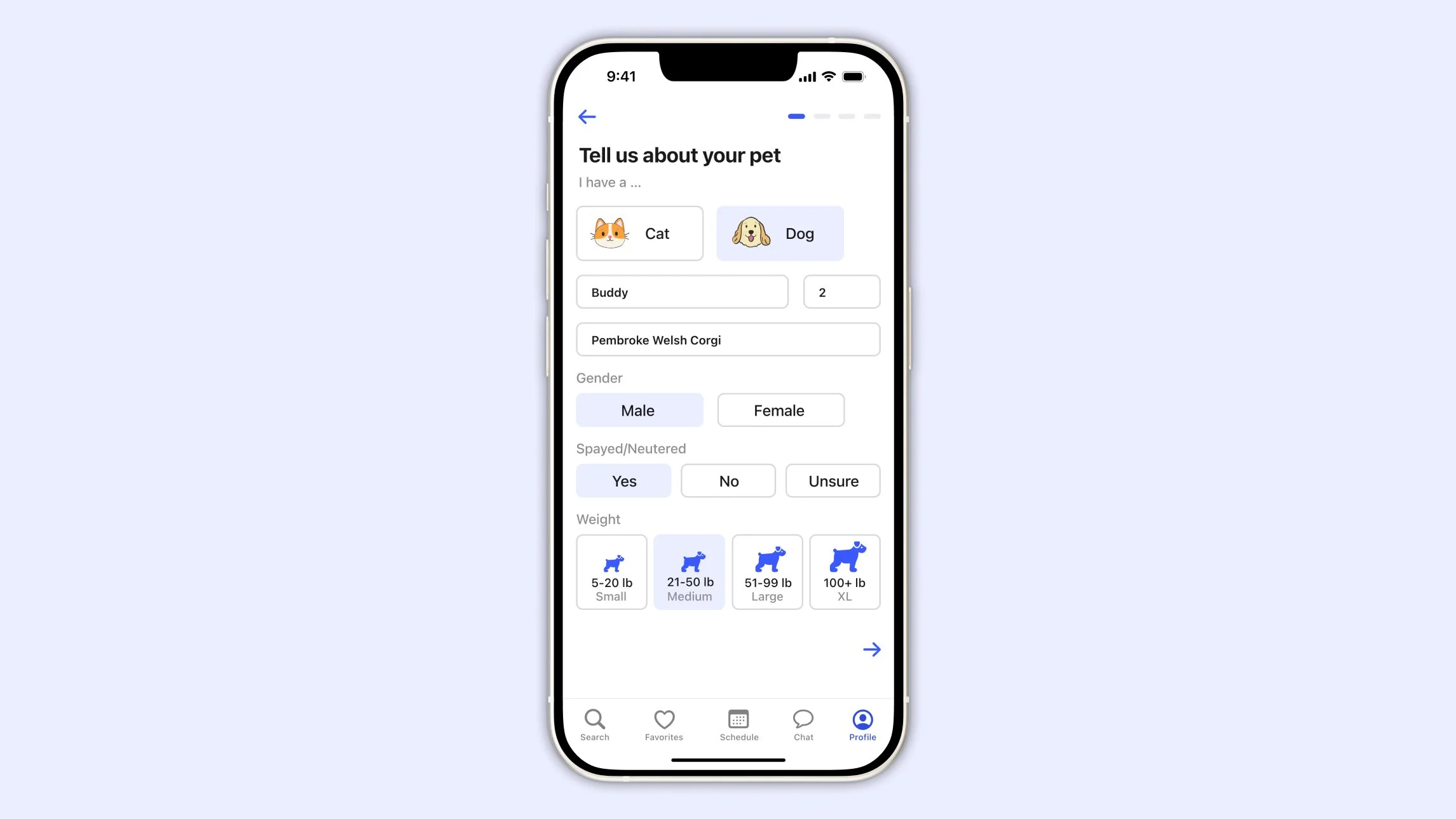 sign up step 2: tell us about you pet