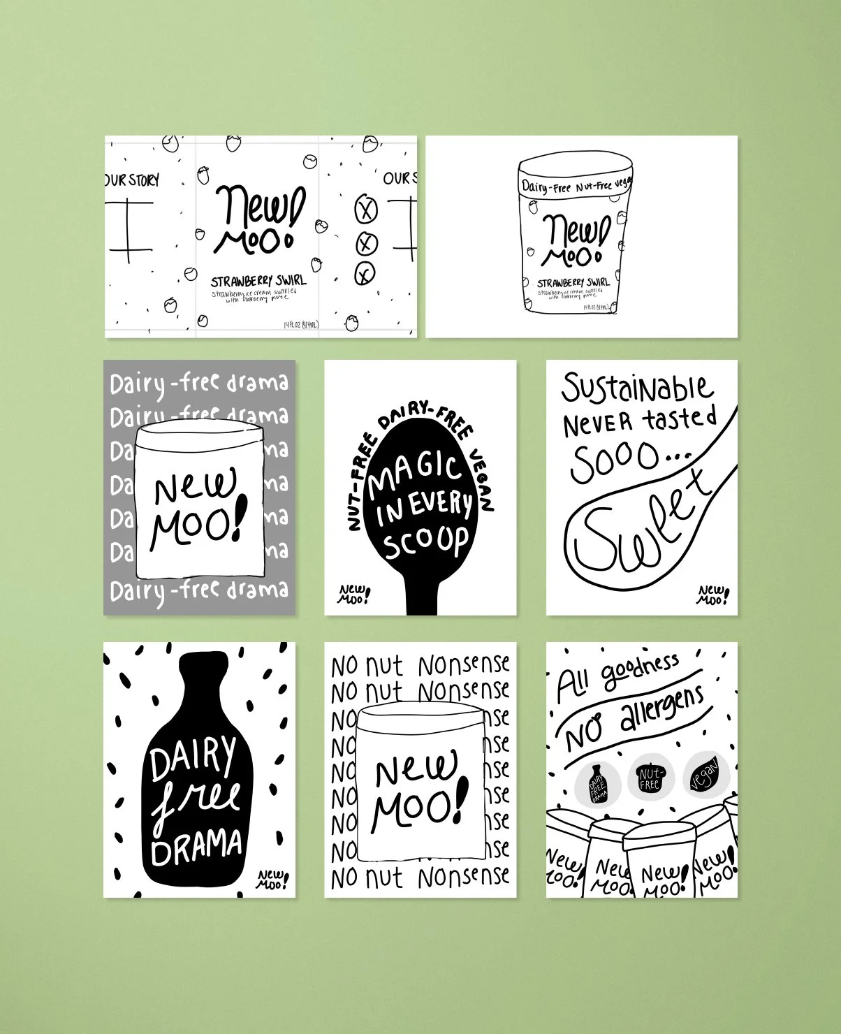 early drafts of posters and packaging for new moo