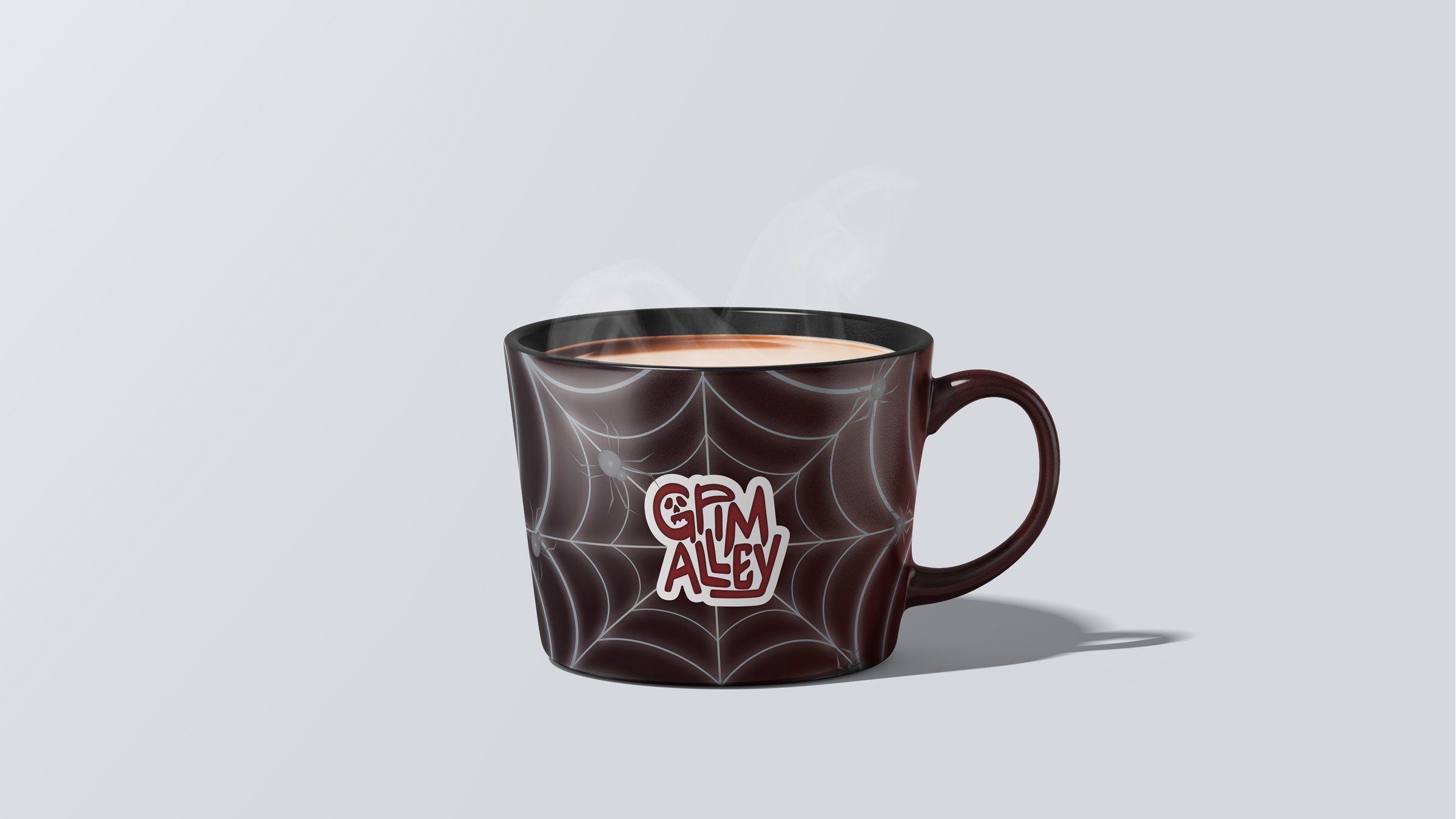 dark red coffee mug with spider web and grim alley logo

