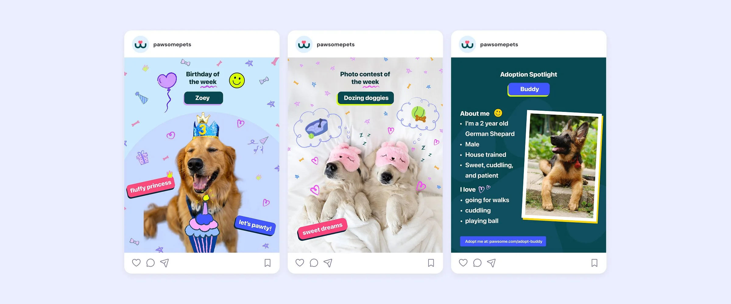 3 instagram posts for brand featuring the topics: did you know, pet milestones. and pet of the week