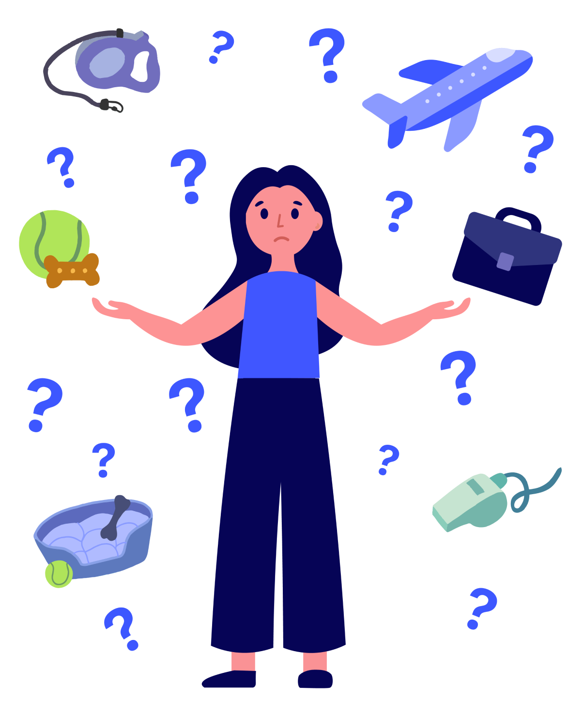 Illustration of stressed women comparing playtime and other essential pet care with work and travel.