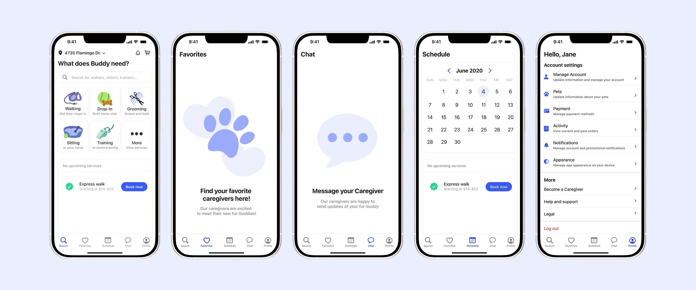 mobile screens of featuring the navigation menus; search, favorites, chat, schedule and account.