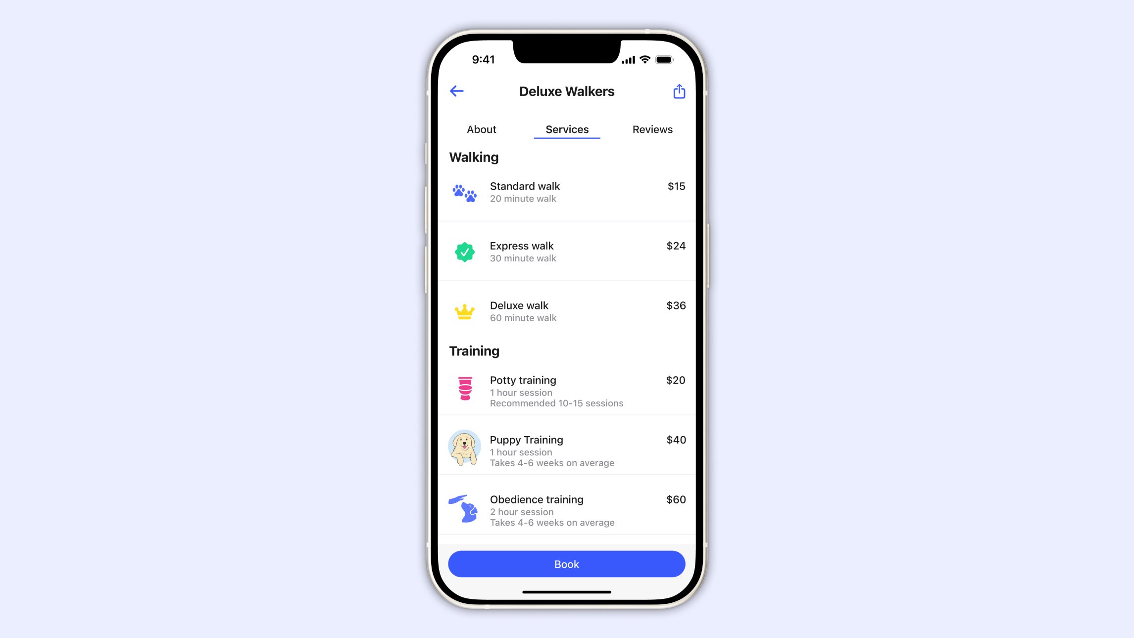 deluxe walker user profile, services section