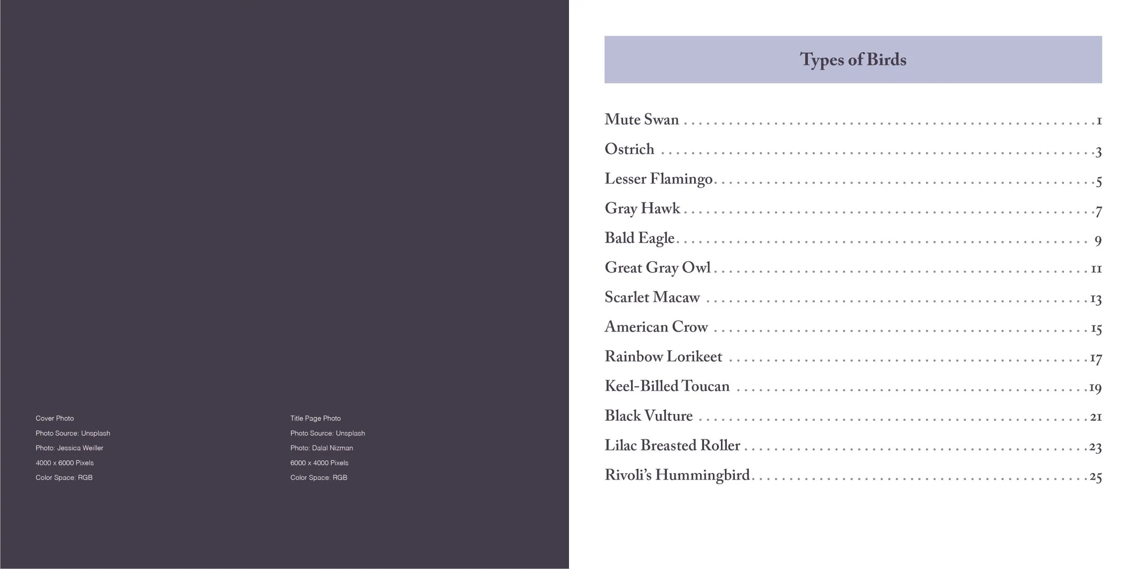 birds of the world table of contents