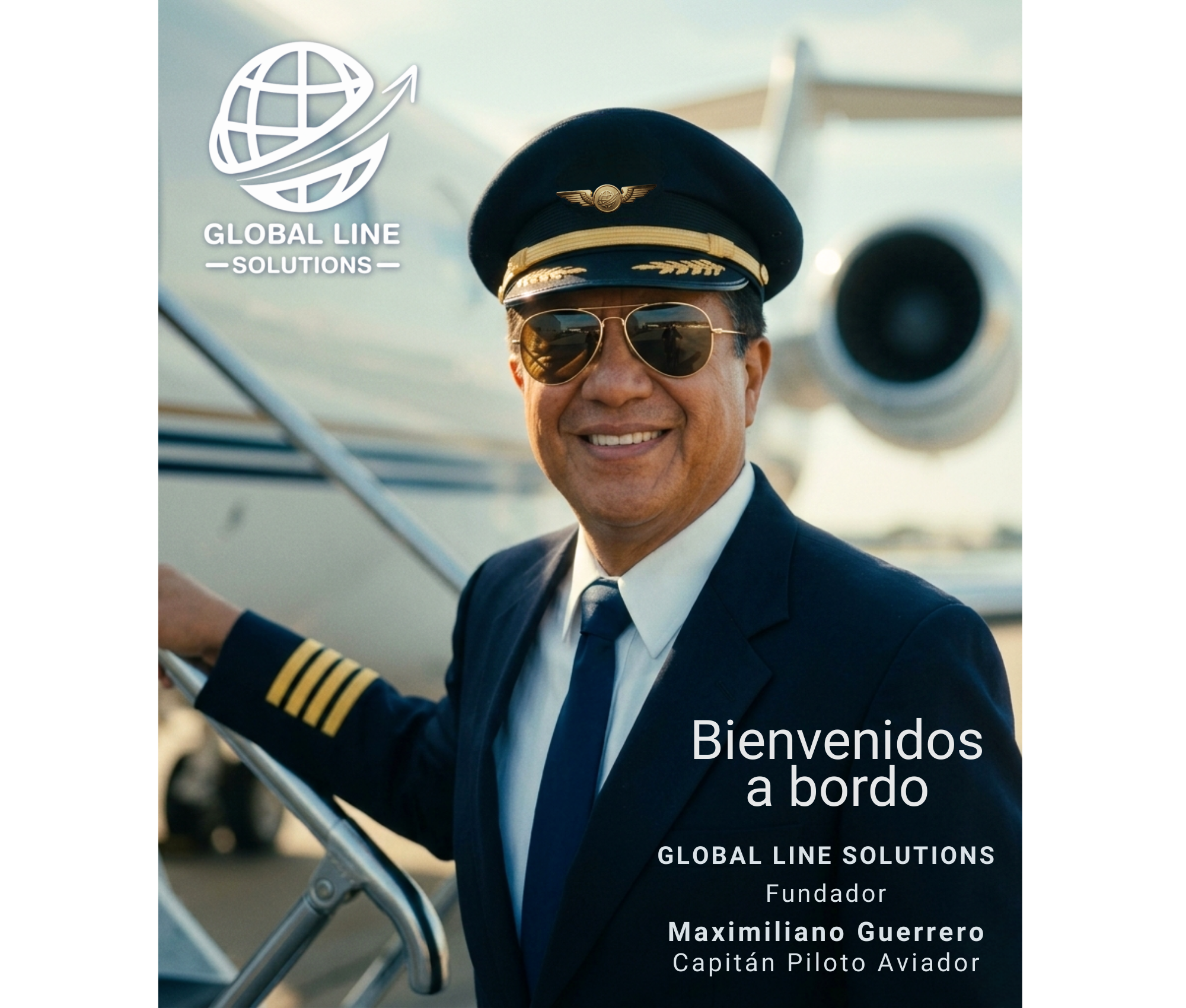 Piloto sonriente con gafas de sol y uniforme de piloto frente a un avión con las alas y motor visible, saludando o en espera de abordar.