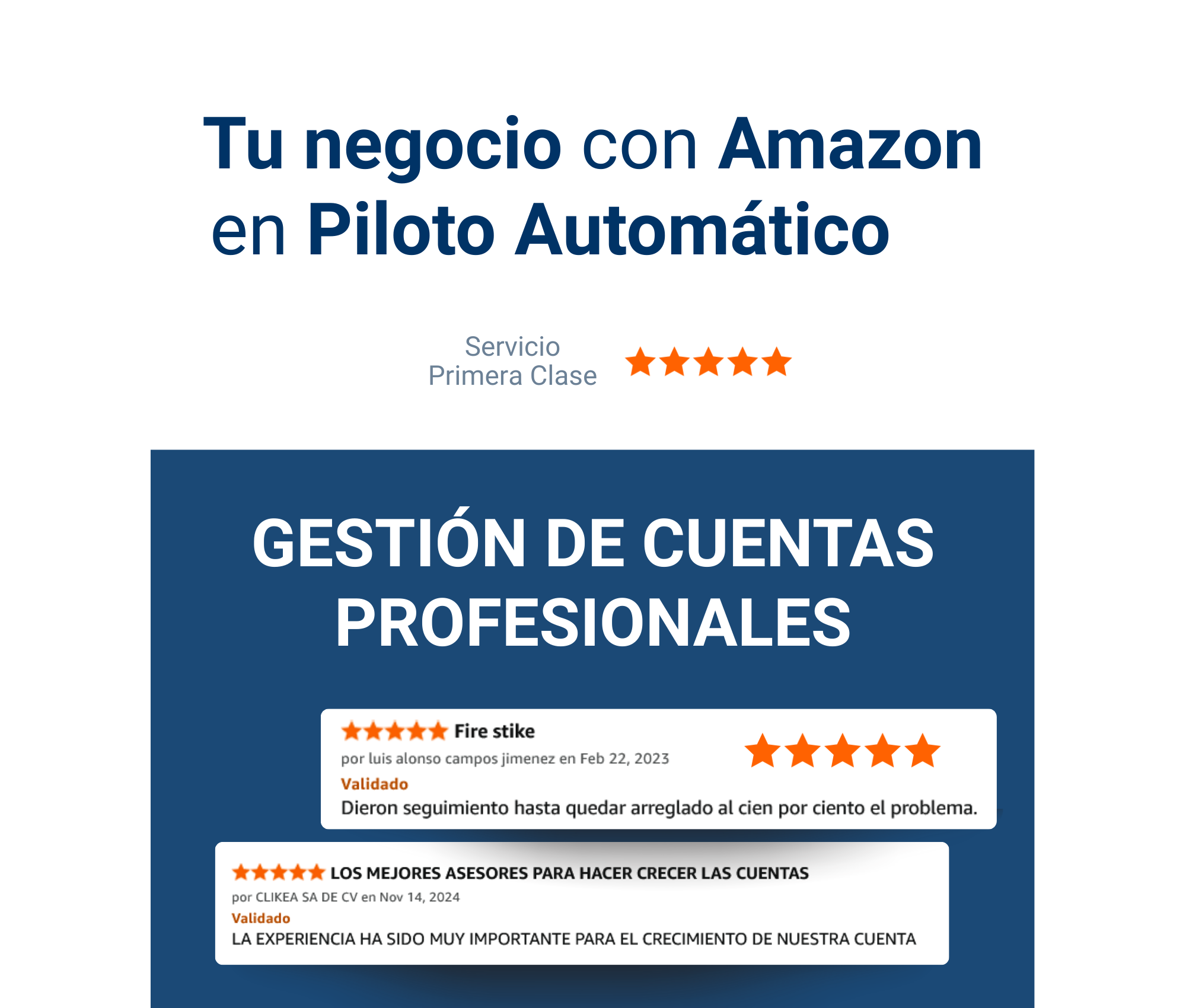 Anuncio de servicios para gestionar cuentas profesionales con Amazon, con estrellas de calificación y reseñas en español.