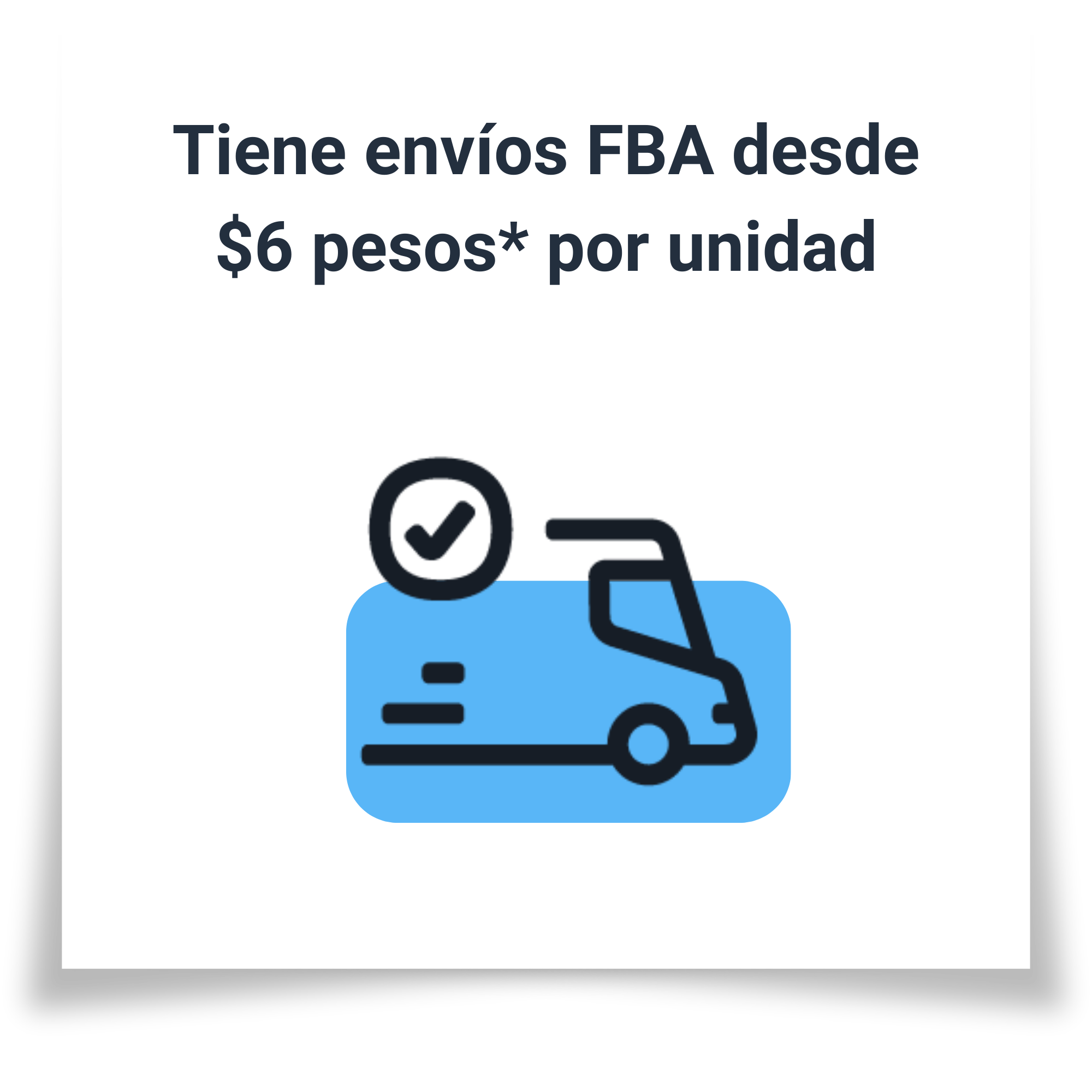 Icono de un camión de entrega con marca de verificación, sobre un fondo azul, junto con texto que indica envíos desde 6 pesos mexicanos por unidad.