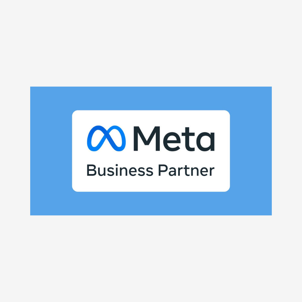 Logo de Meta con texto 'Meta Business Partner' en fondo azul.