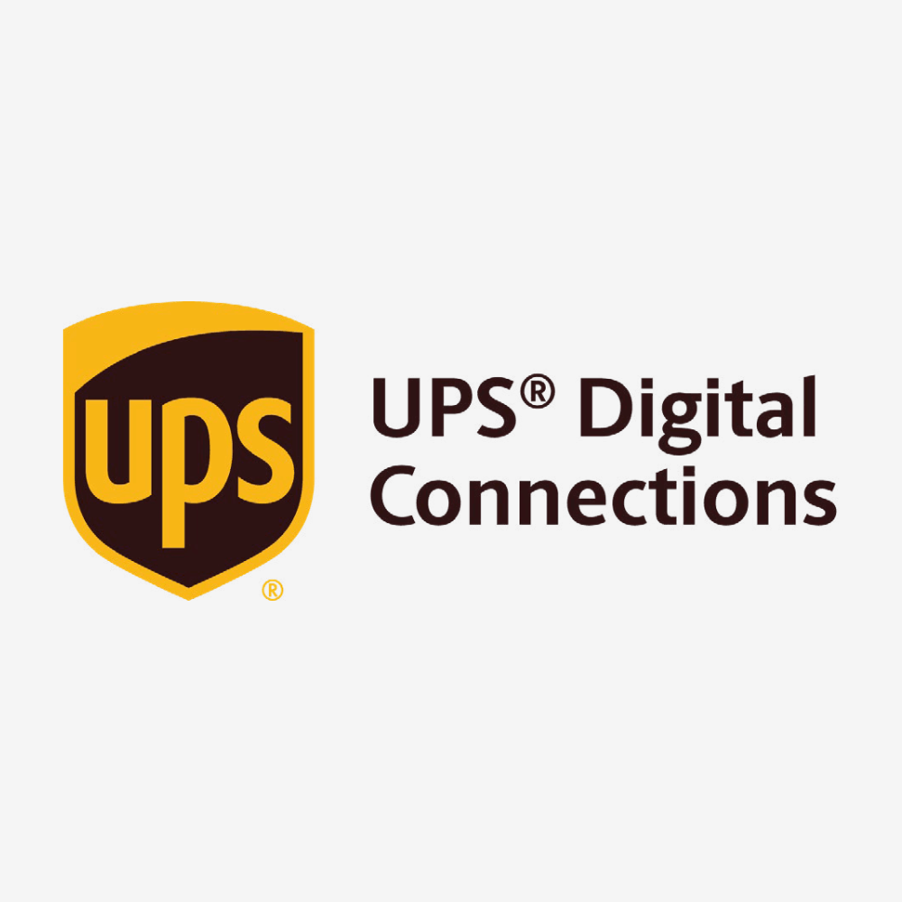 Logotipo de UPS con el texto "UPS Digital Connections" en fondo gris.